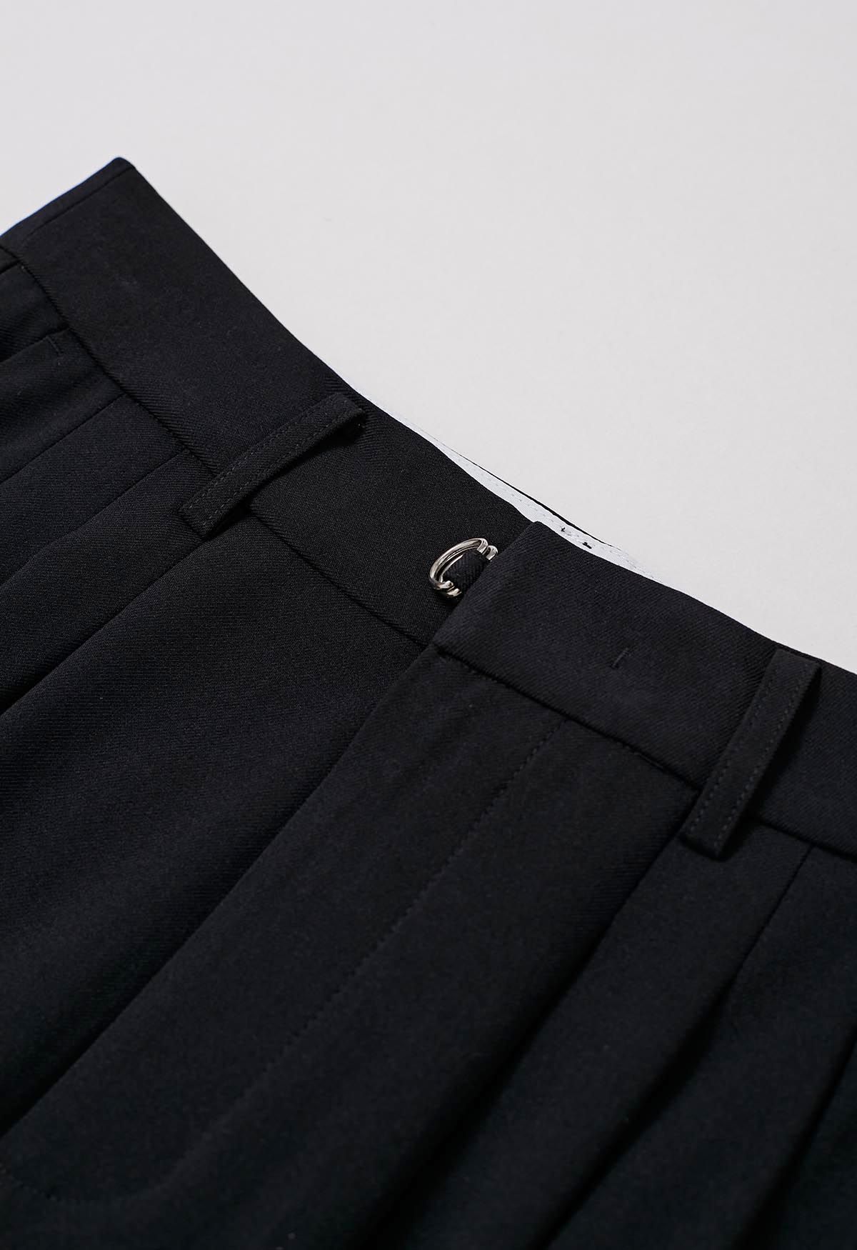 Adjustable Belt Pleated Straight-Leg Pants in Black