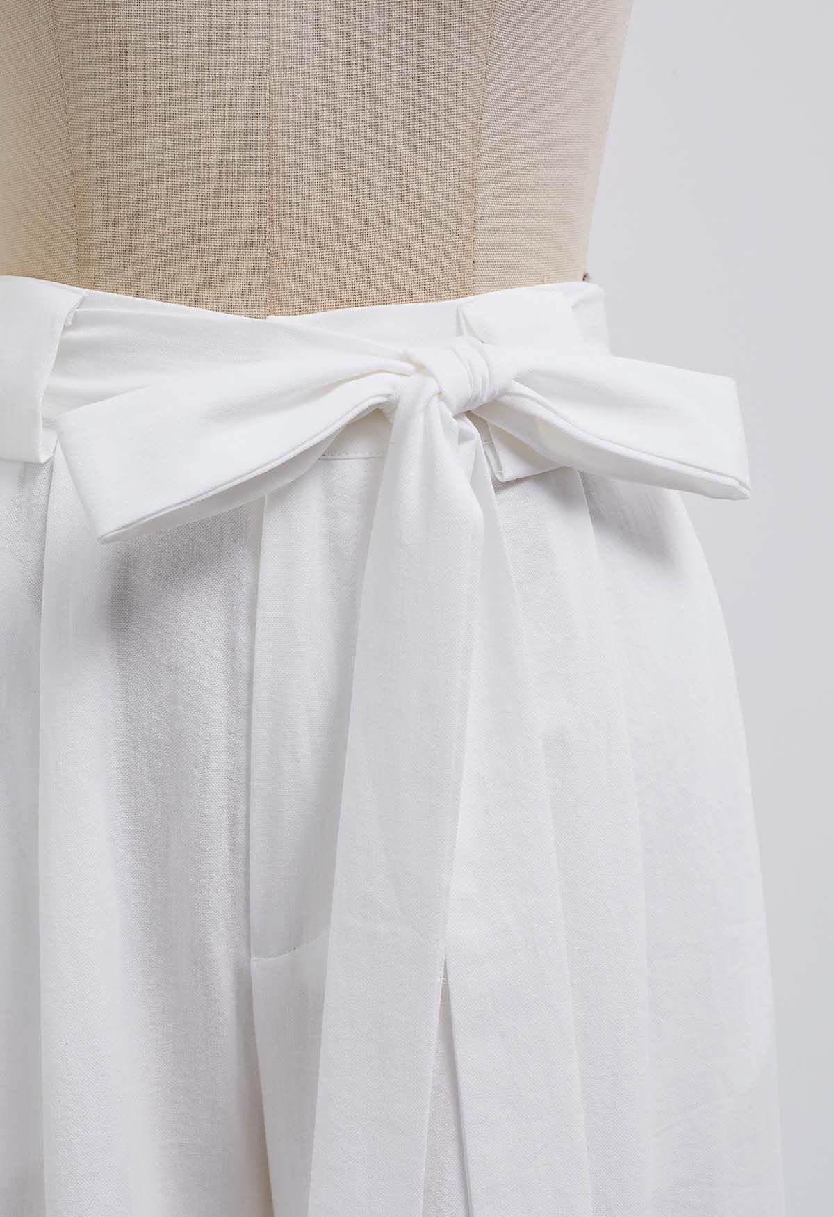 Bow Tie Sash Pleated Wide-Leg Pants in White