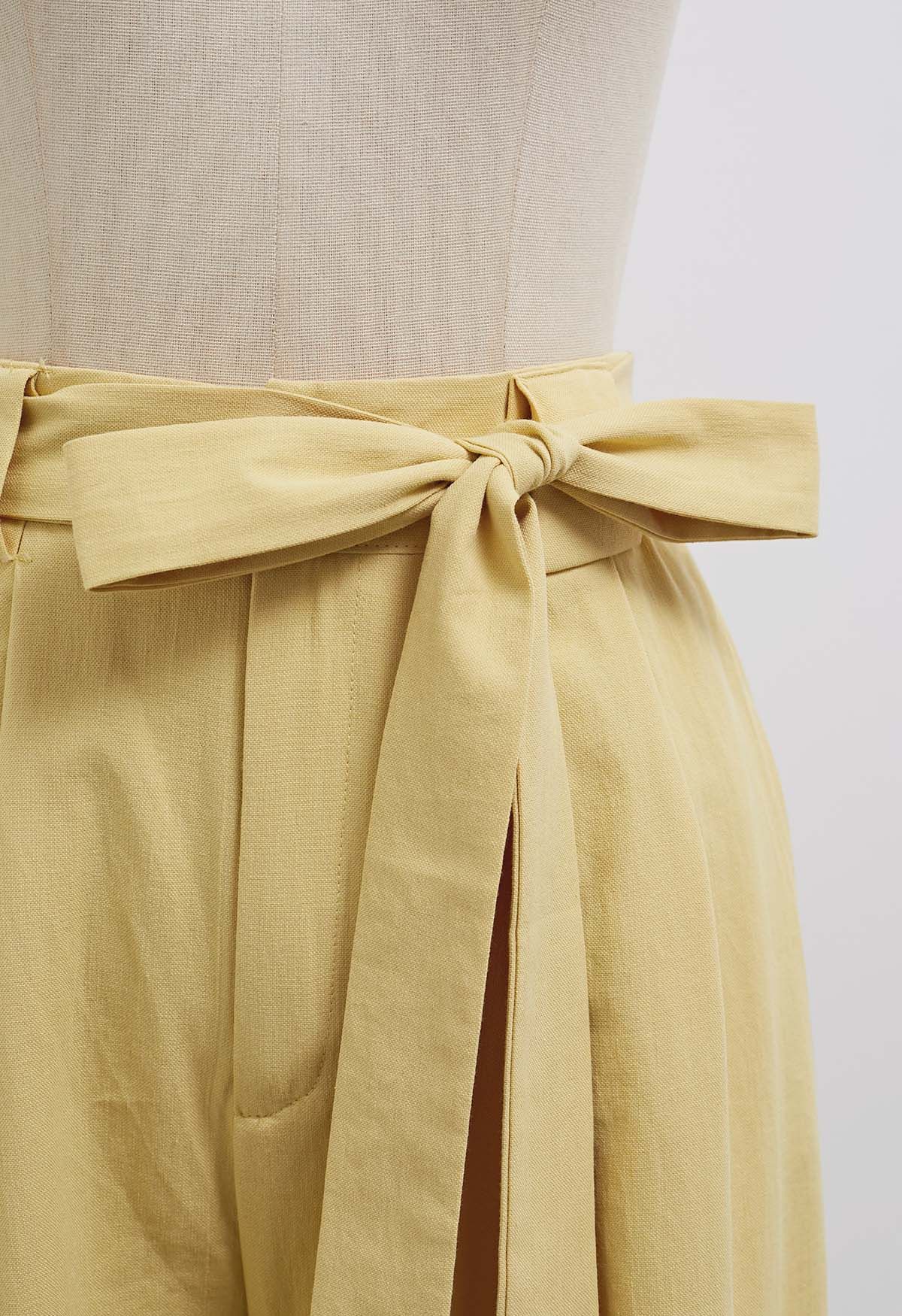 Bow Tie Sash Pleated Wide-Leg Pants in Mustard