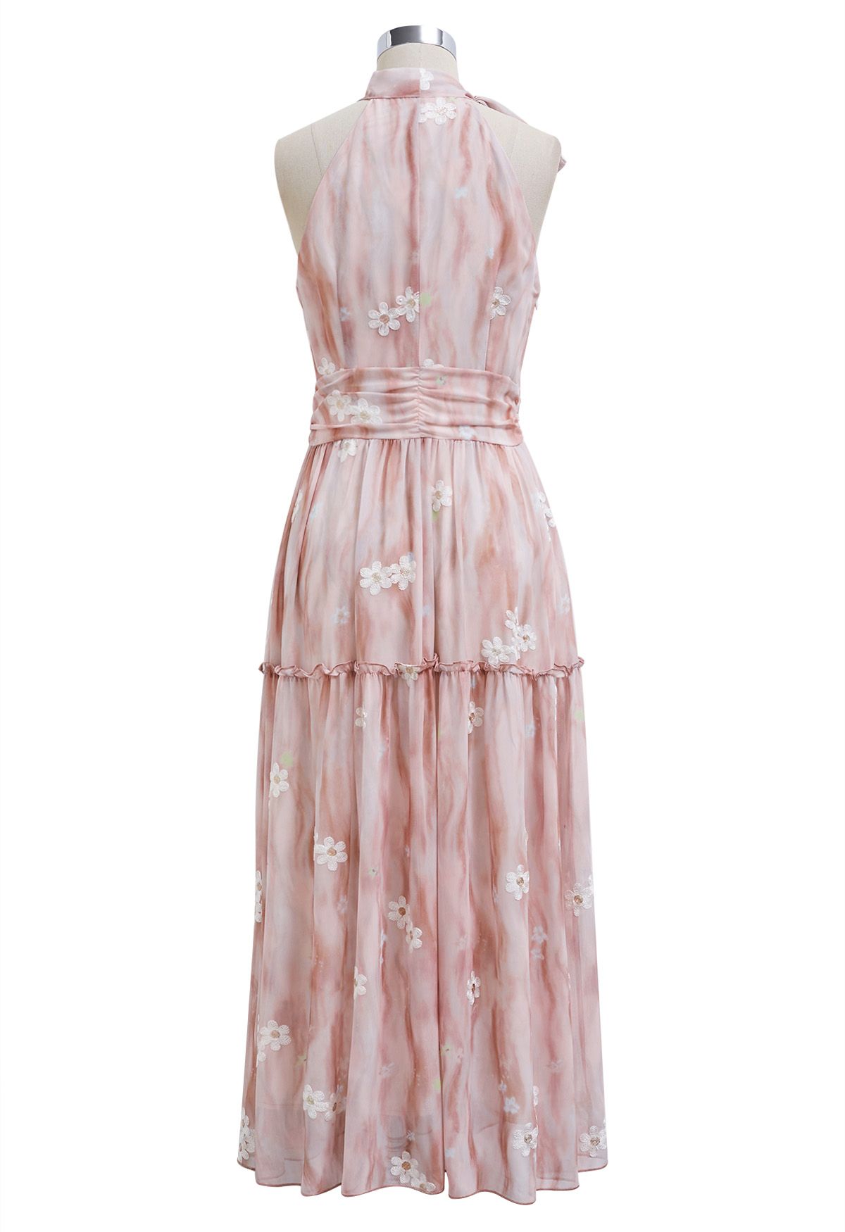 Floret Embroidery Bowknot Halter Neck Ruffle Midi Dress in Pink