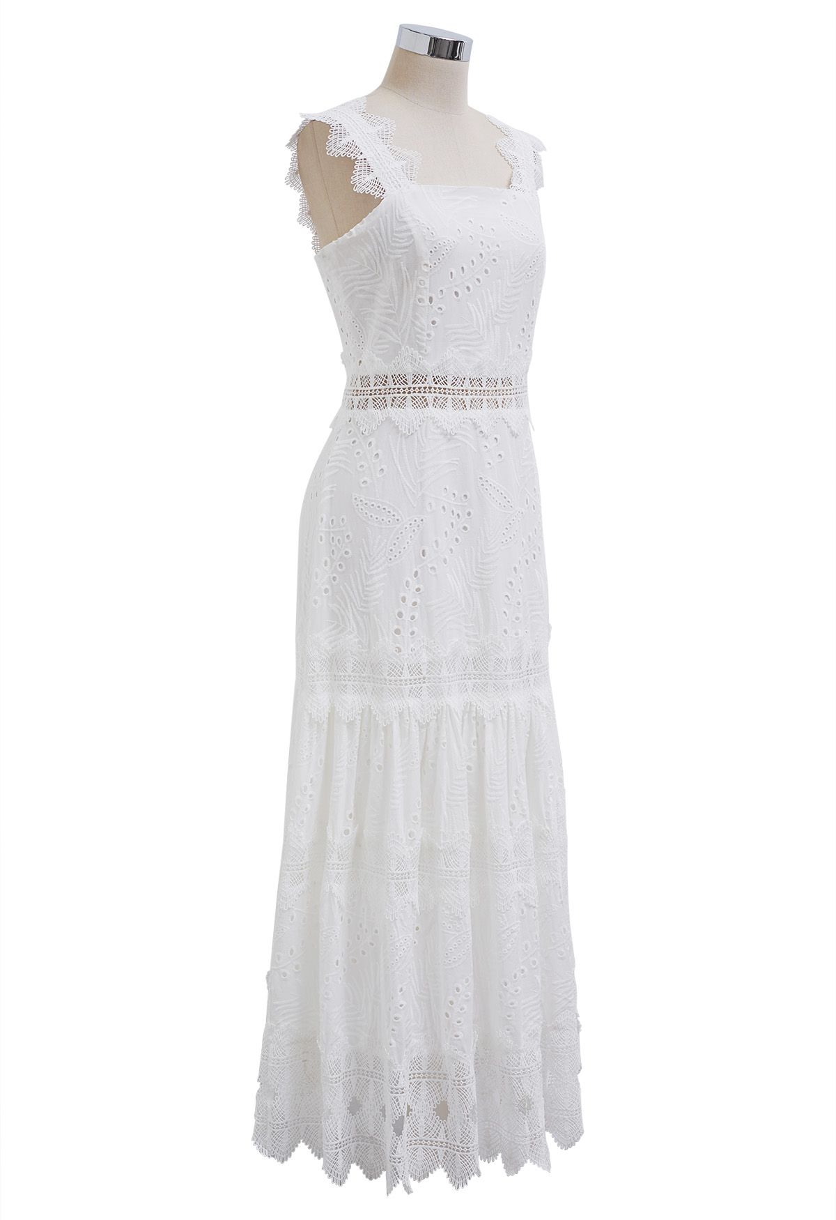 Leaves Eyelet Embroidered Lace Trim Cami Dress in White