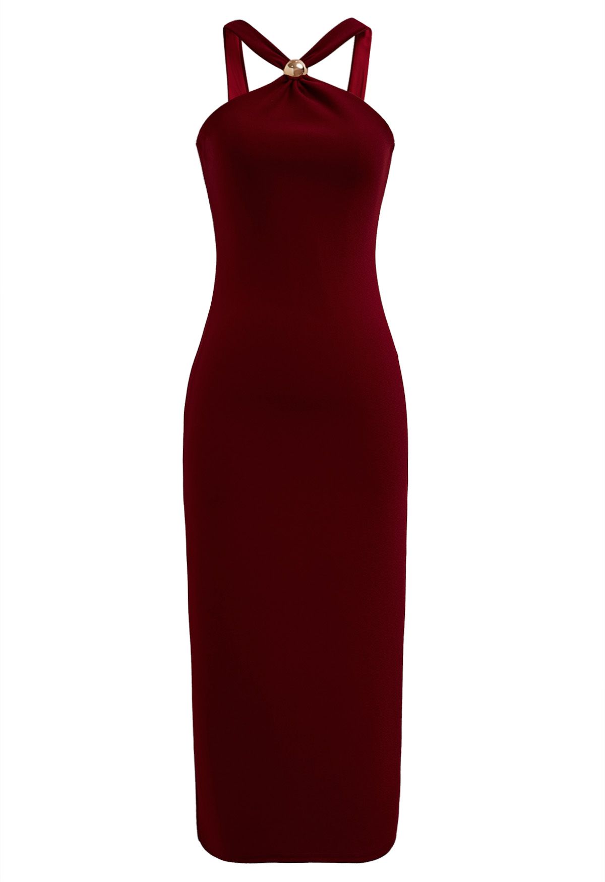 Golden Bead Trim Halter Sheath Dress in Red