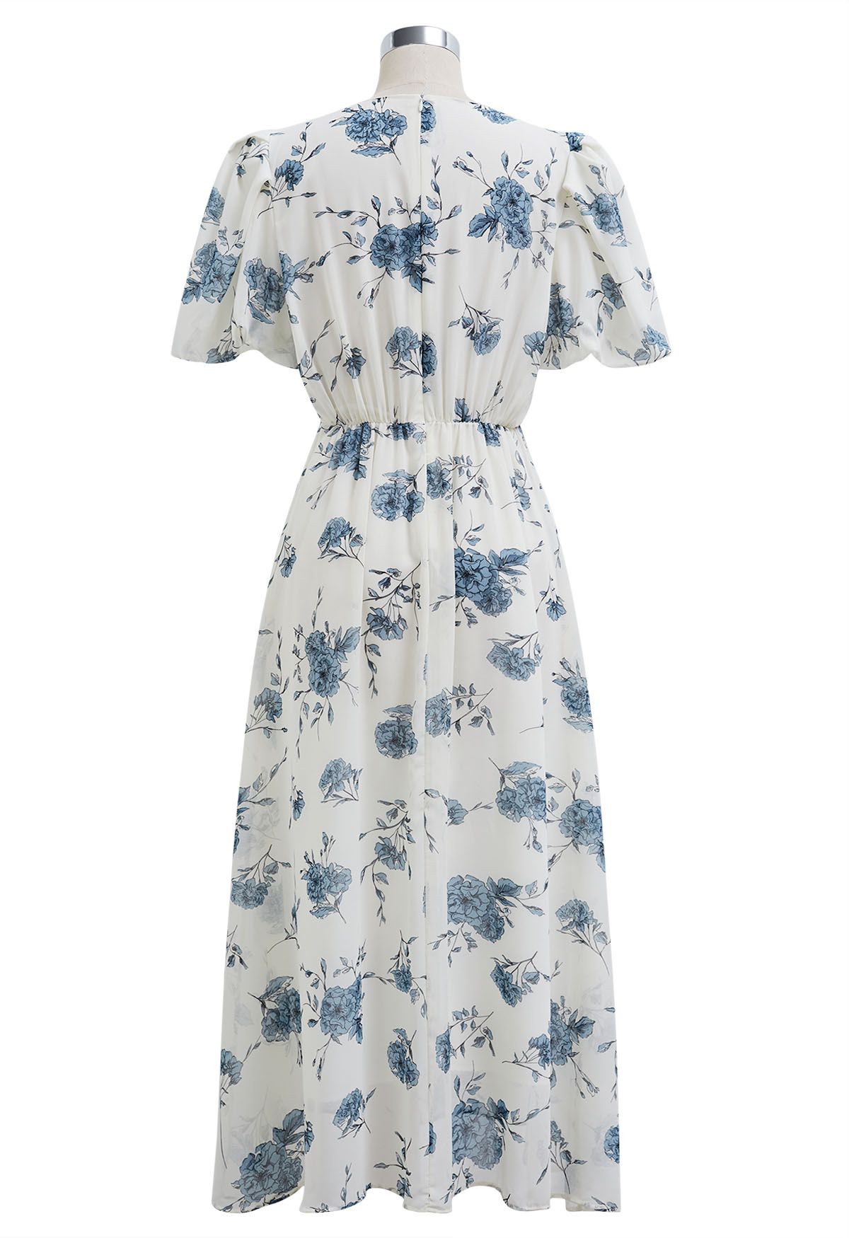 Blue Flower Sketch V-Neck Chiffon Midi Dress