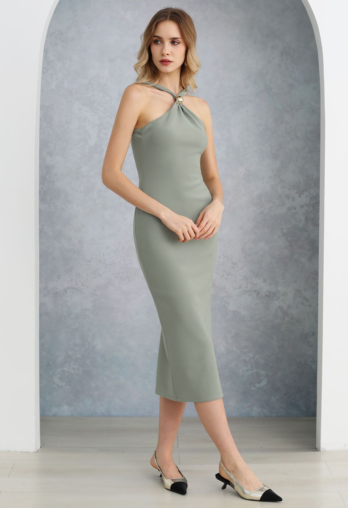 Golden Bead Trim Halter Sheath Dress in Sage