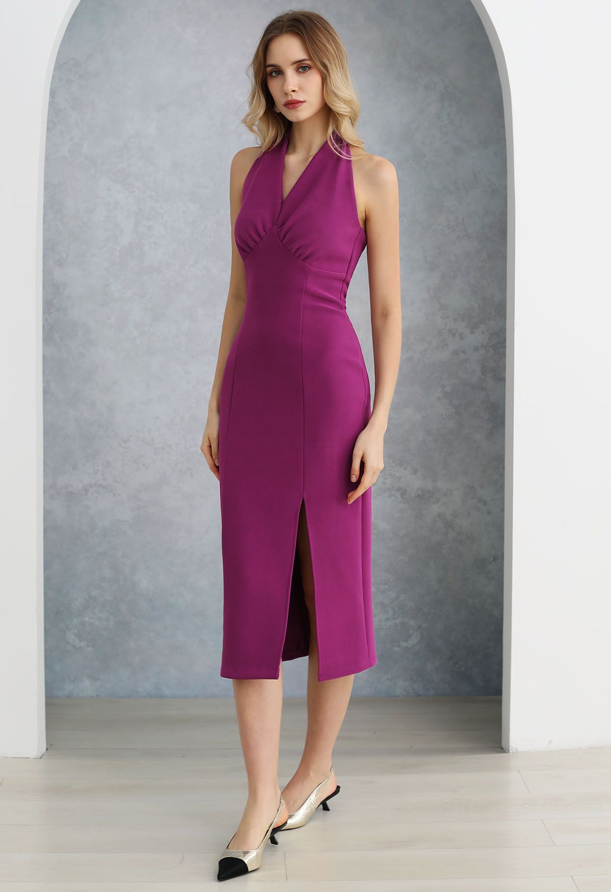 Modern Muse Halter Neck Slit Sheath Dress in Magenta