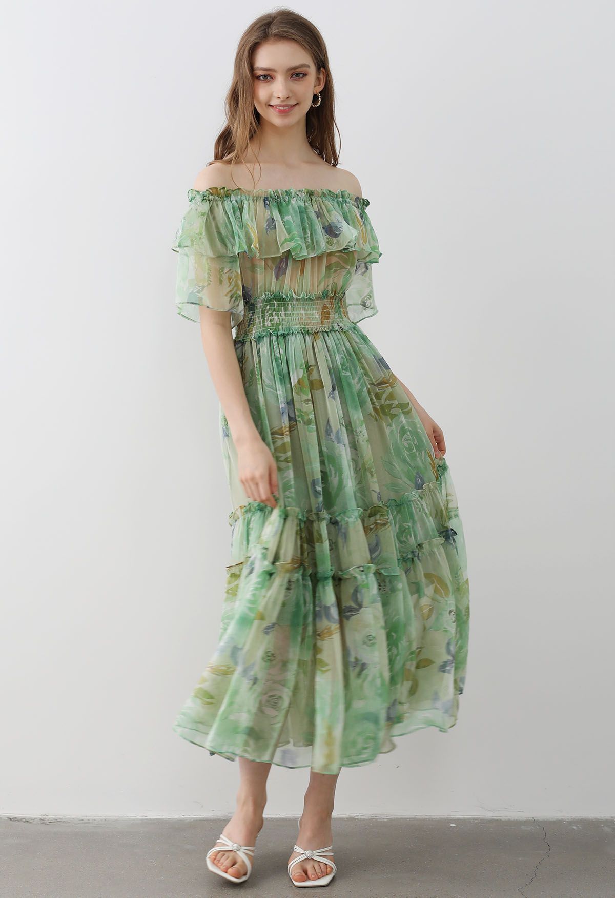 Summer Days Floral Off-Shoulder Ruffle Tiers Chiffon Dress in Green