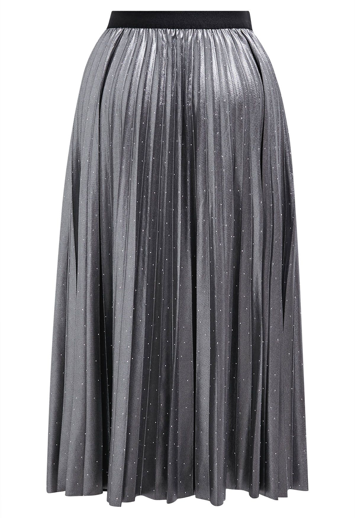 Rhinestone Embellished Pleated Midi Skirt in Sliver