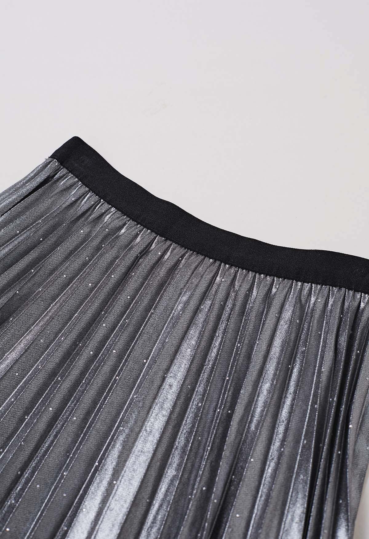 Rhinestone Embellished Pleated Midi Skirt in Sliver