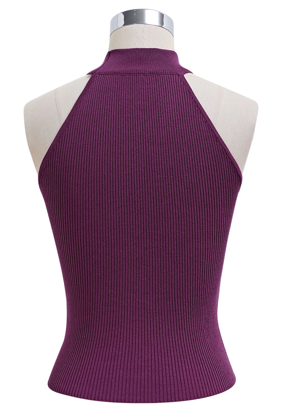 Crisscross Ribbon Sleeveless Halter Knit Top in Purple