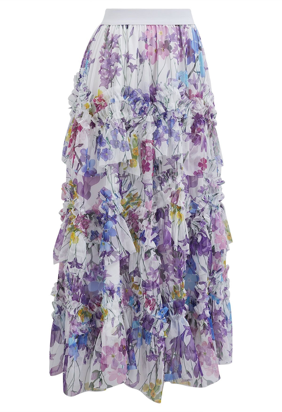 Flowery Printed Ruffle Mesh Maxi Skirt in Purple