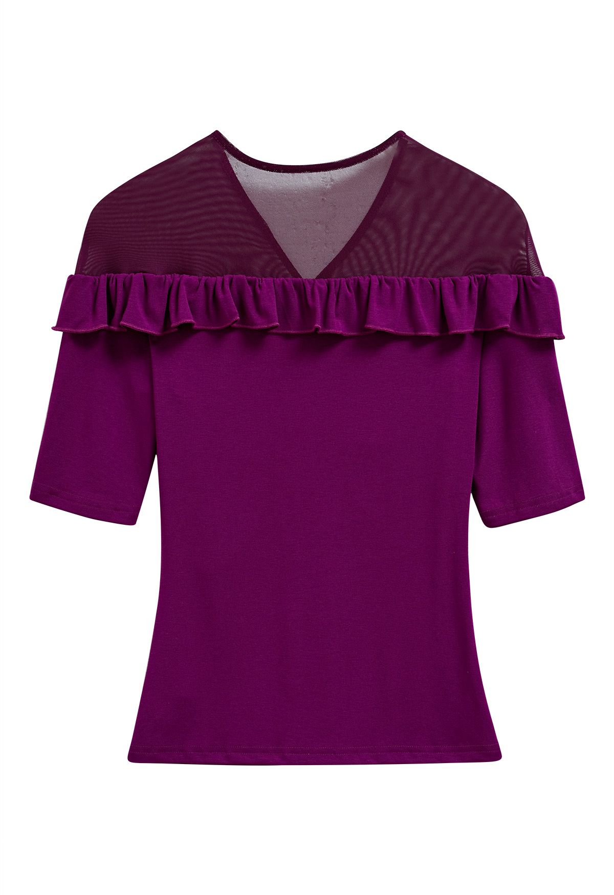 V-Neck Mesh Spliced Ruffle Top in Magenta