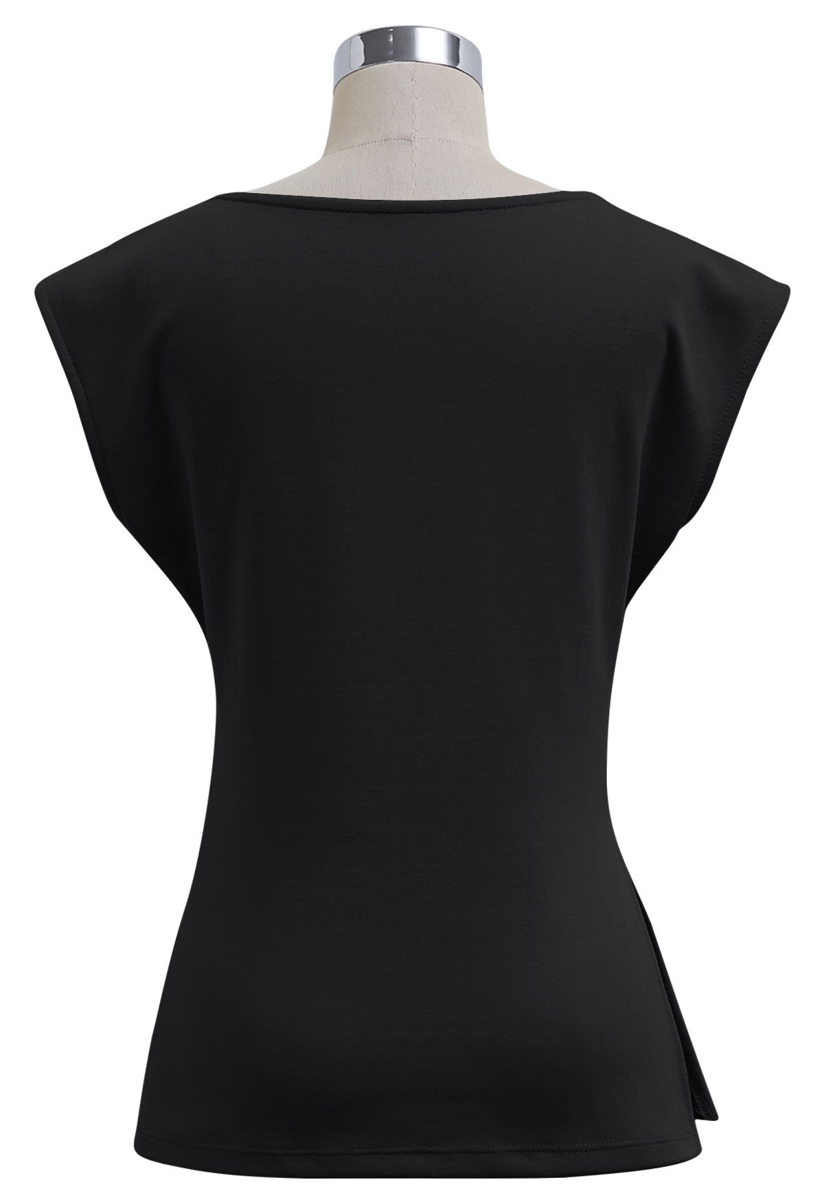 Decorative Necklace Side Pleat Cotton Top in Black