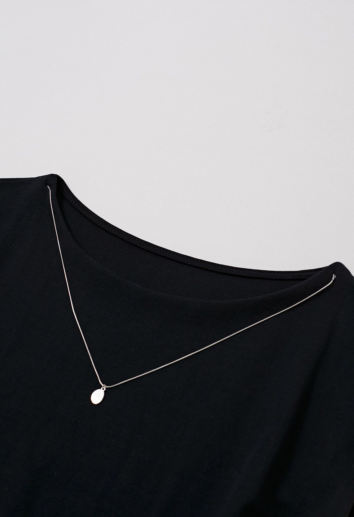 Decorative Necklace Side Pleat Cotton Top in Black