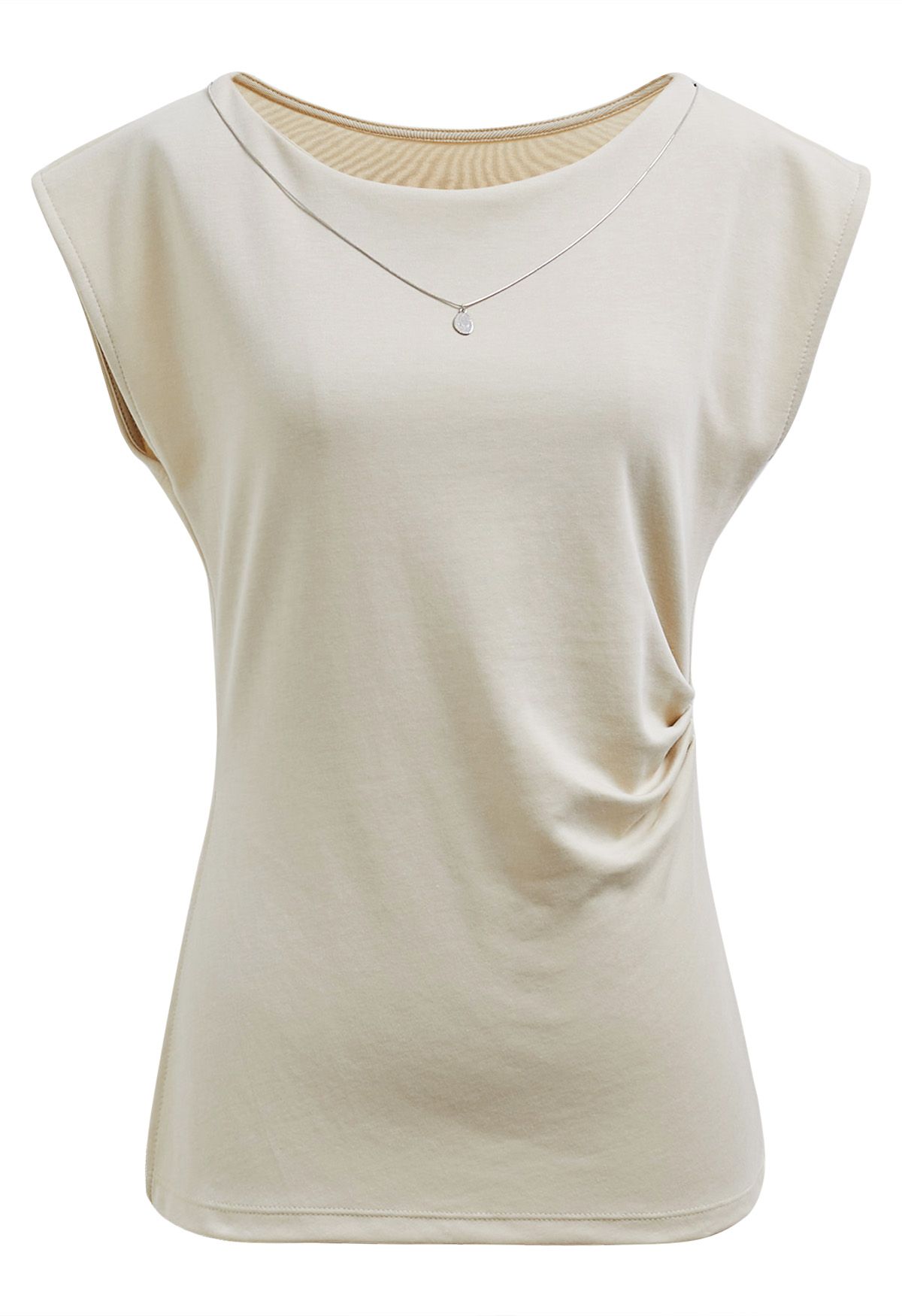 Decorative Necklace Side Pleat Cotton Top in Sand