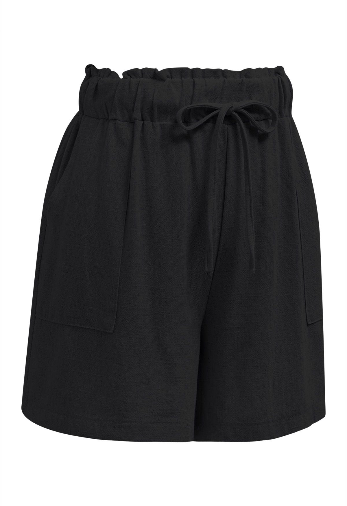 Ruffle Waist Detail Linen-Blend Shorts in Black