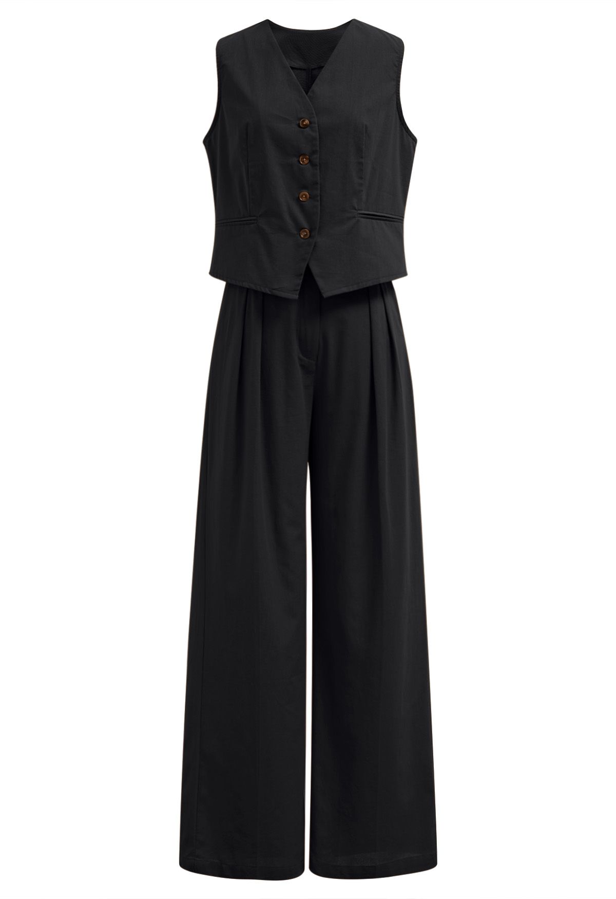 Linen-Blend Button Down Vest and Pants Set in Black