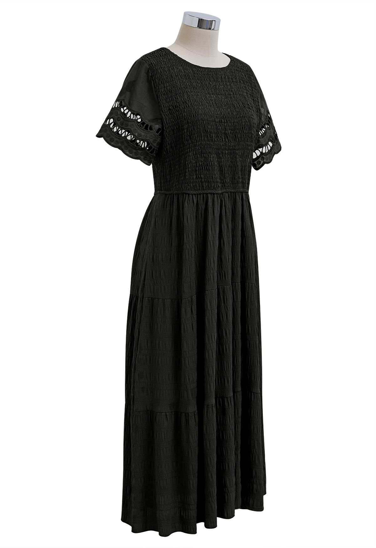 Cutwork Sleeve Shirred Bodice Midi Dress in Black