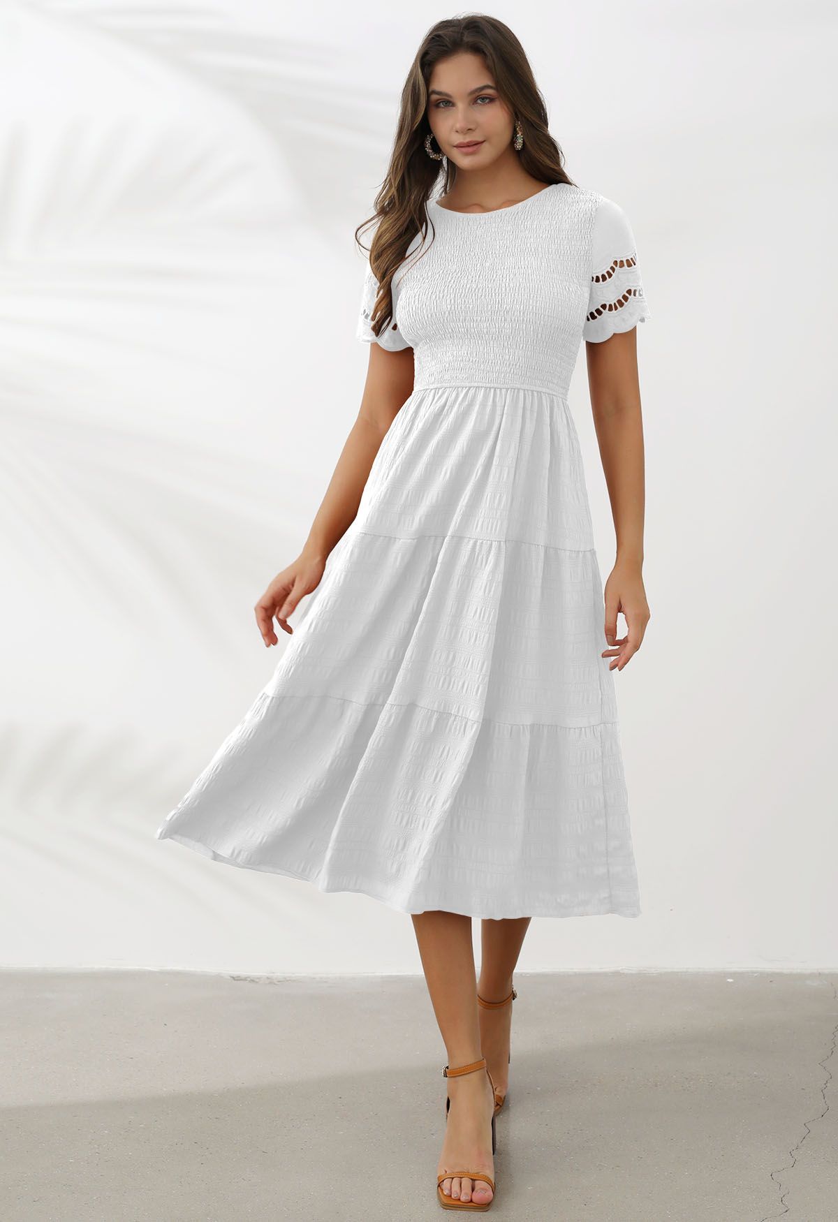 Cutwork Sleeve Shirred Bodice Midi Dress in White