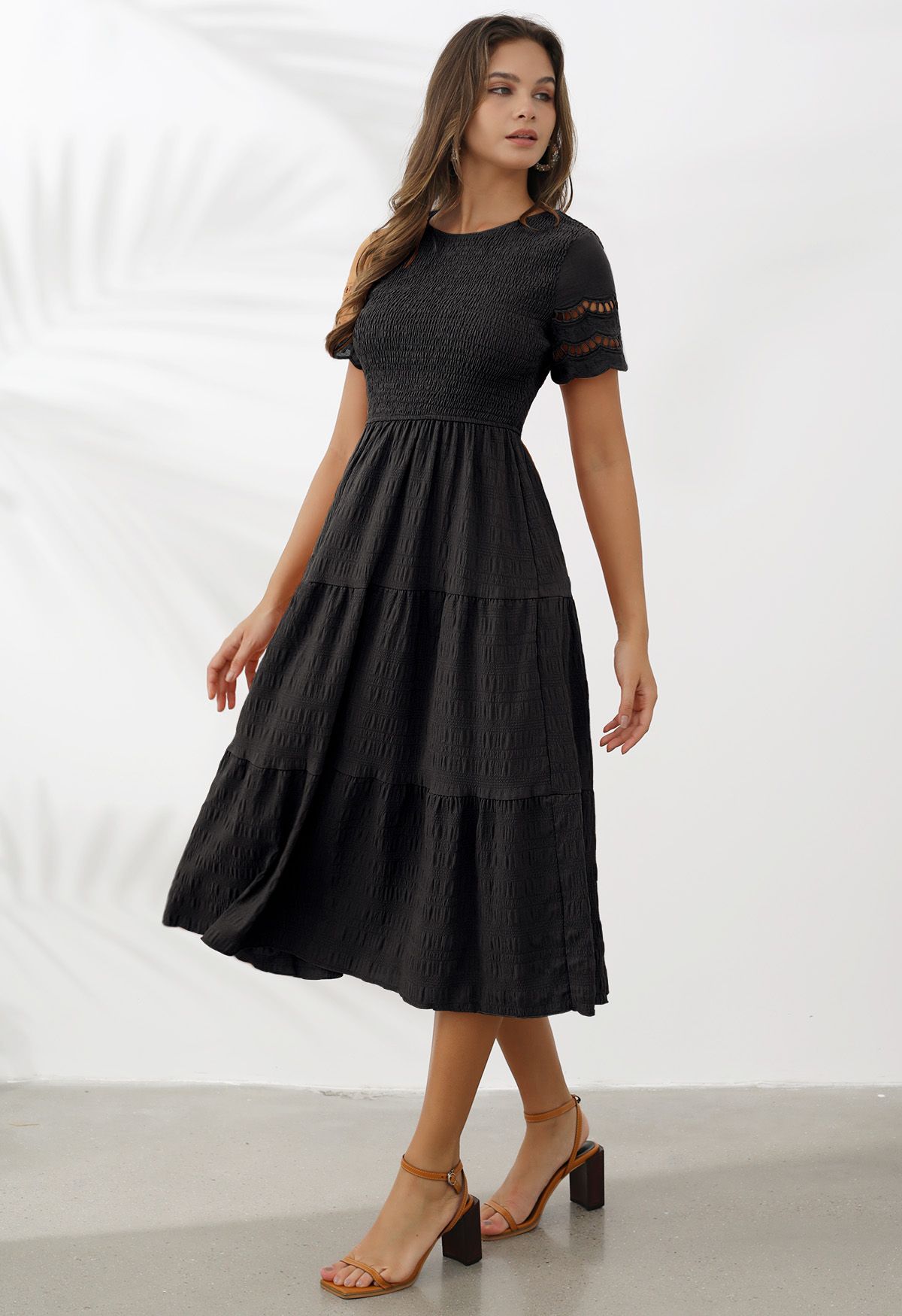 Cutwork Sleeve Shirred Bodice Midi Dress in Black