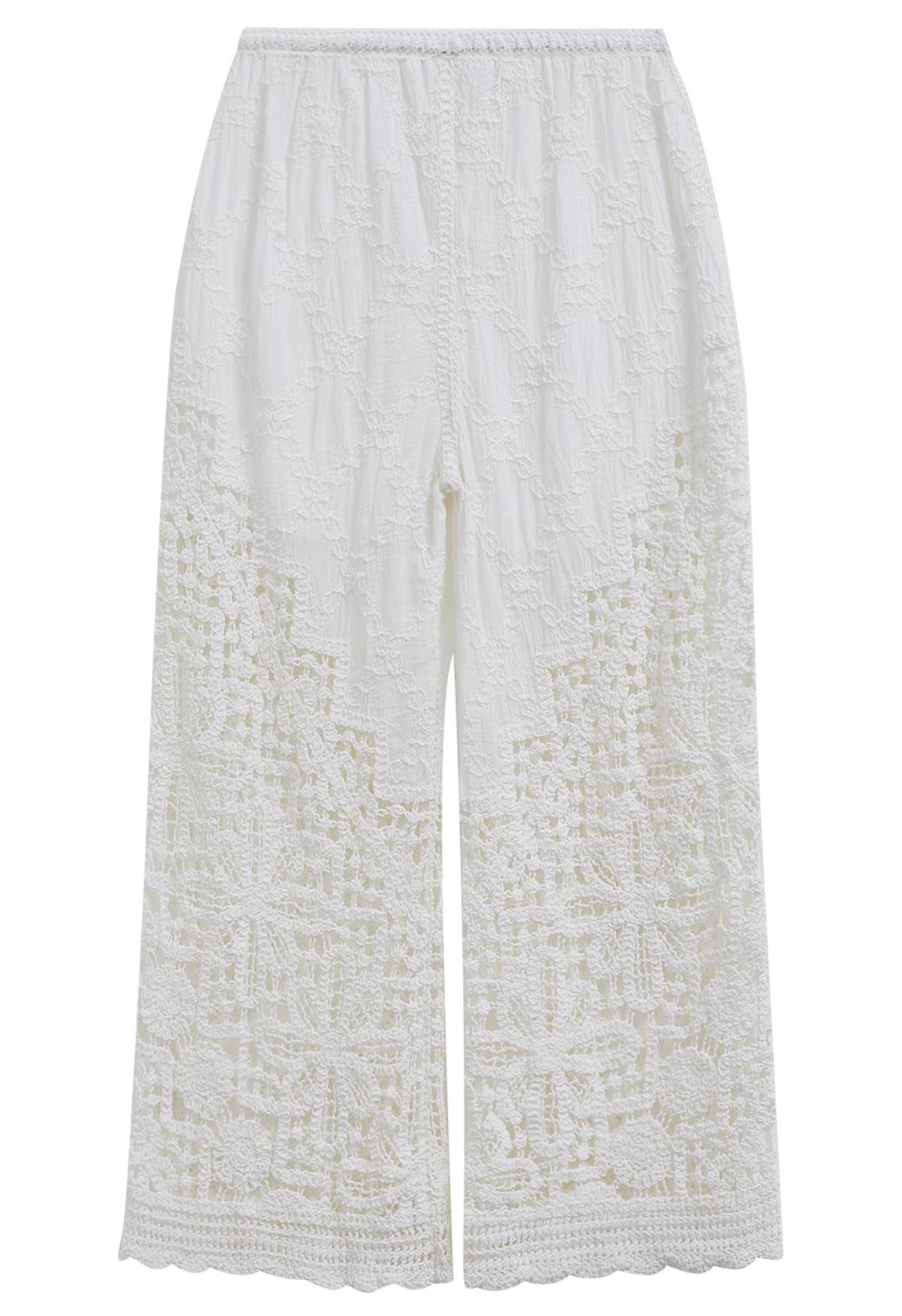 Diamond Shape Stitch Crochet Flower Pants in White