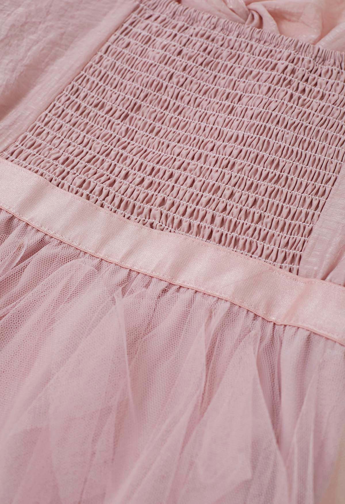 Twist Detail Mesh Tulle Cami Dress in Pink