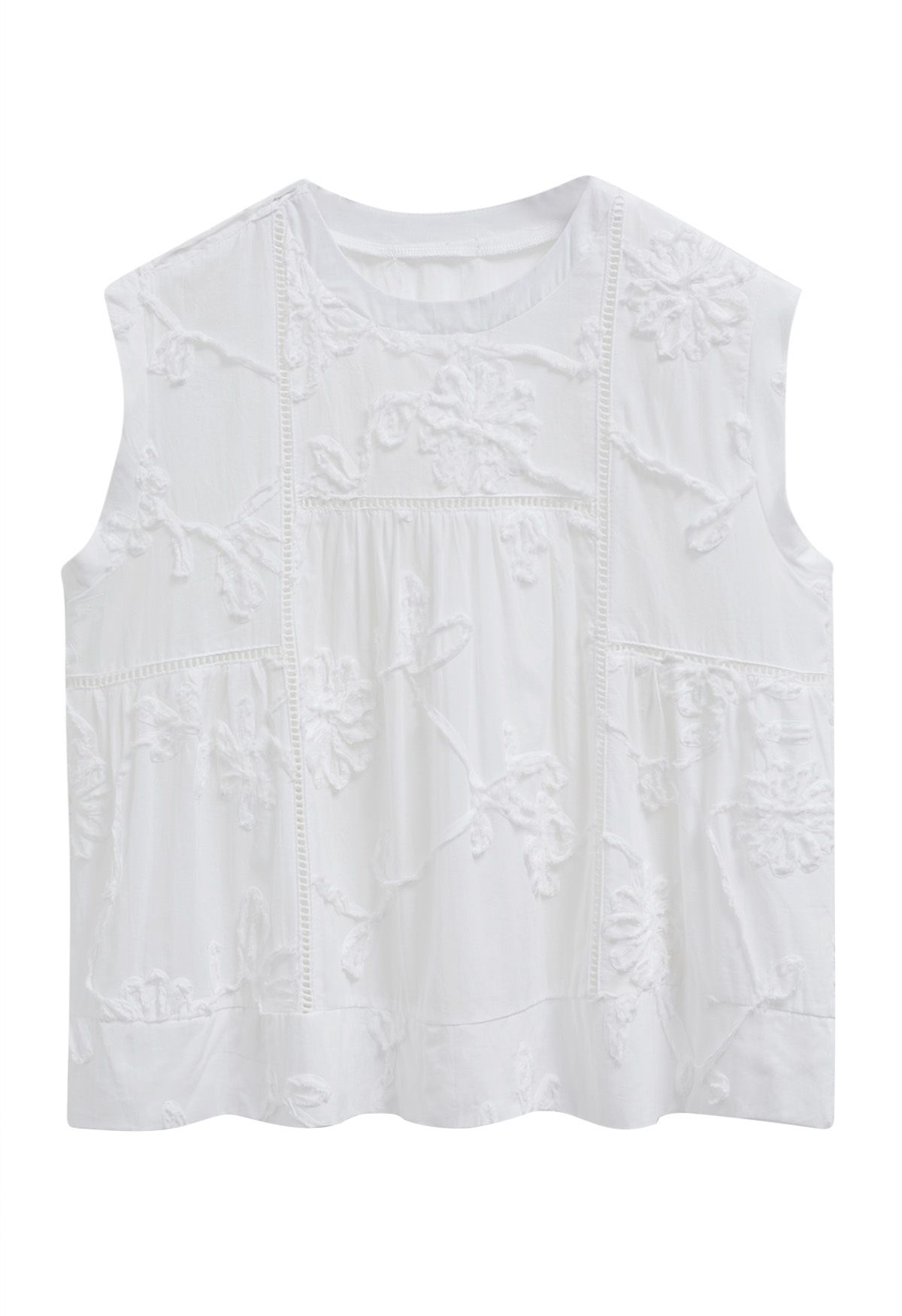 Raw Detail 3D Floral Sleeveless Dolly Top in White