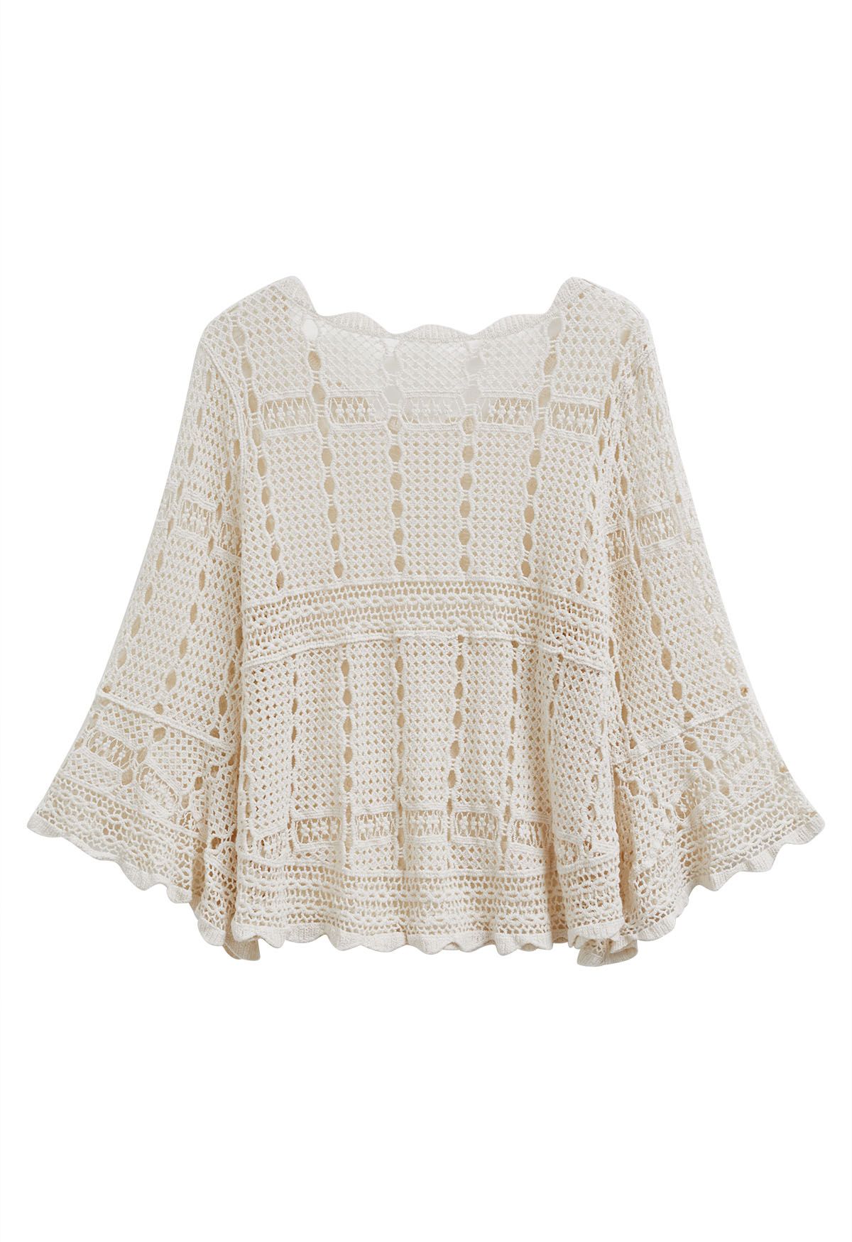 Hollow Out Full Crochet Flare Sleeve Cotton Top