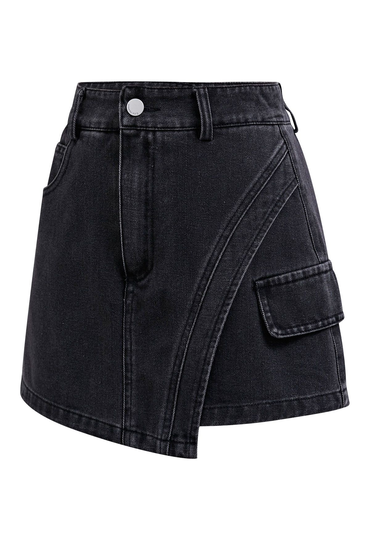 Edgy Curved Seam Flap Denim Skorts in Smoke