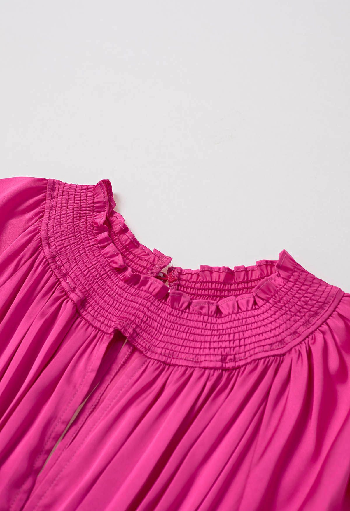 Cutout Shirred Detail Pleated Asymmetric Dress in Hot Pink