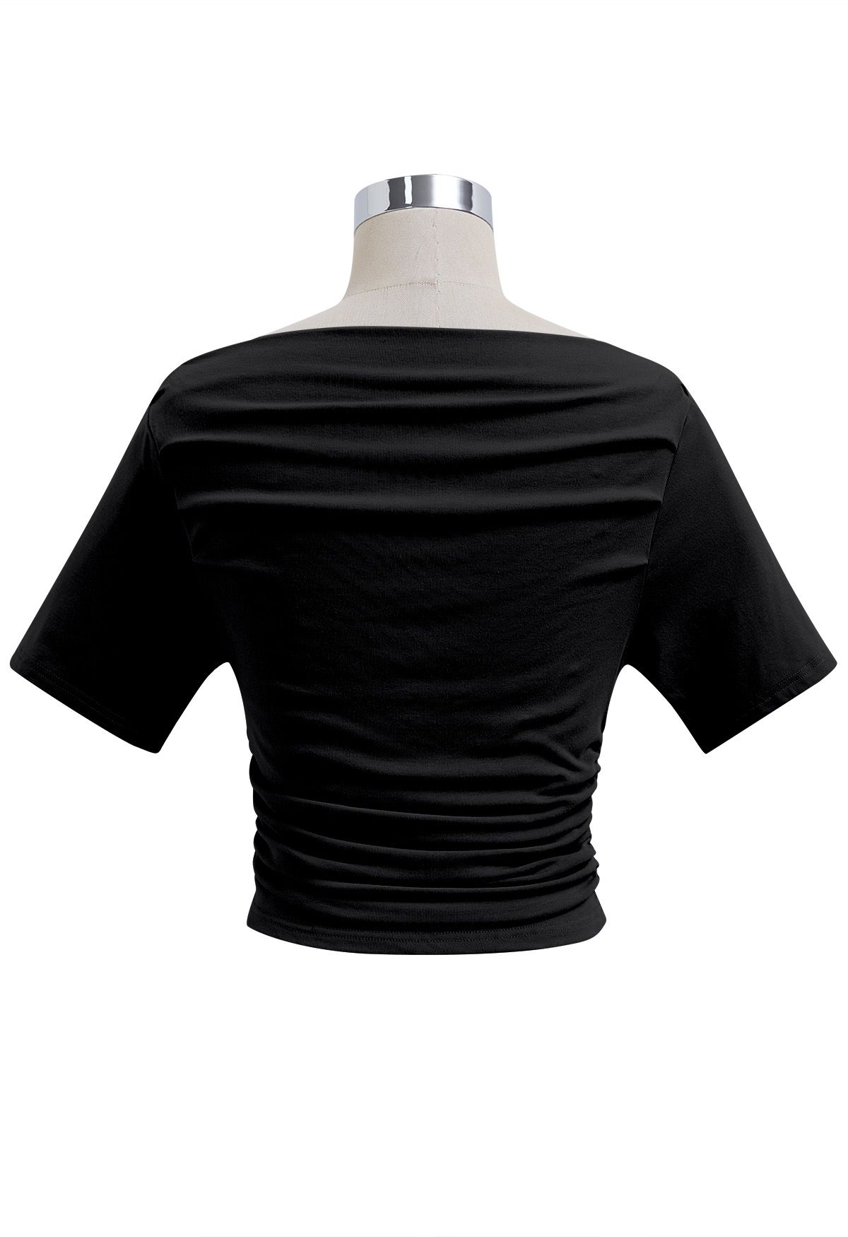 Boat Neck Short Sleeve Ruched Cotton Top in Black