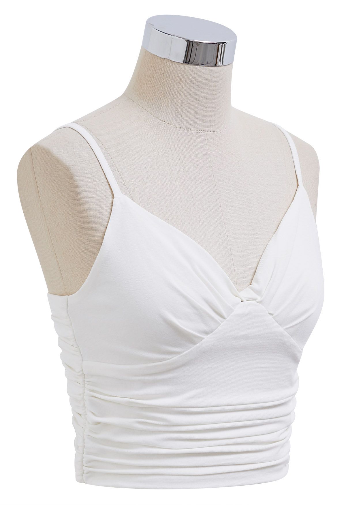 Knotted V-Neck Ruched Crop Cami Top in White