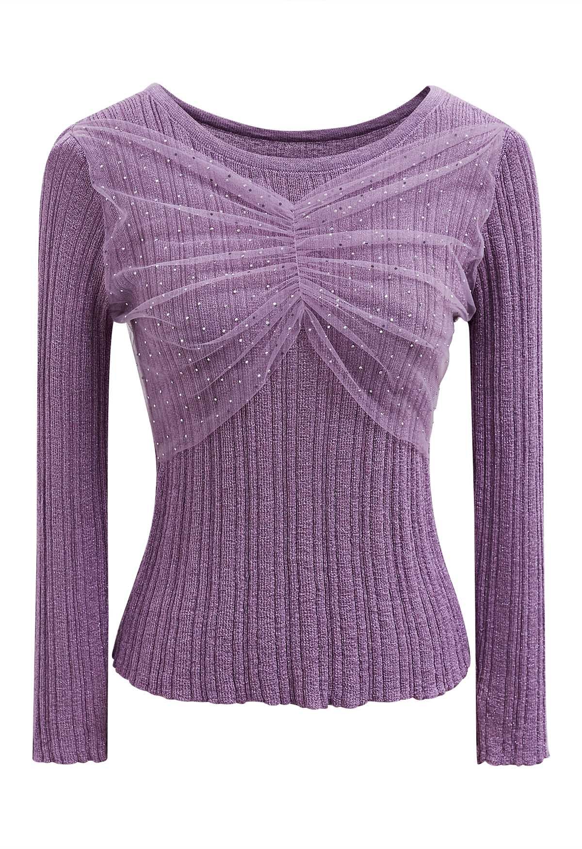 Rhinestone Decor Mesh Spliced Knit Top in Lilac