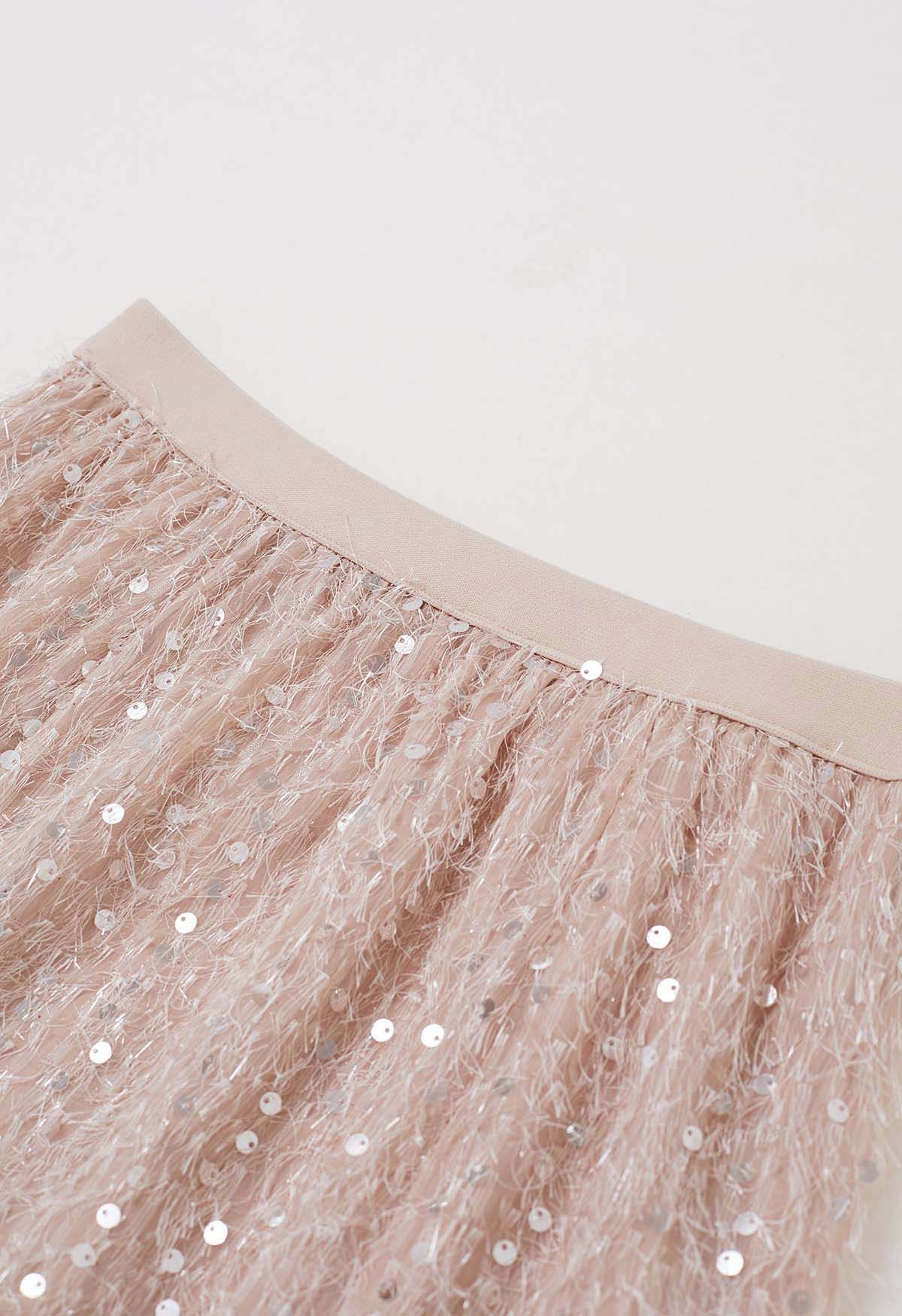 Sequin Shimmer Fringe Midi Skirt in Light Pink