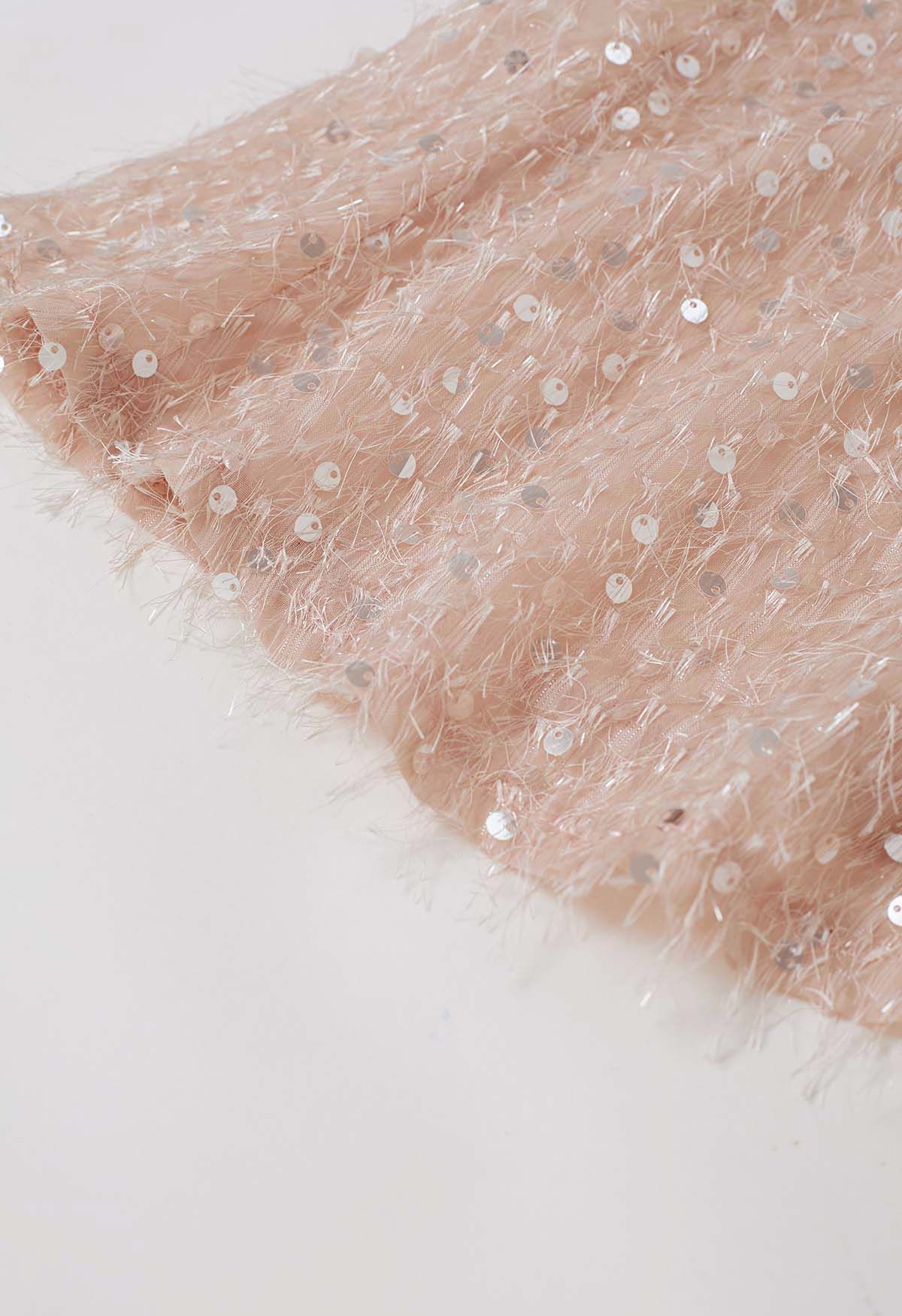 Sequin Shimmer Fringe Midi Skirt in Light Pink