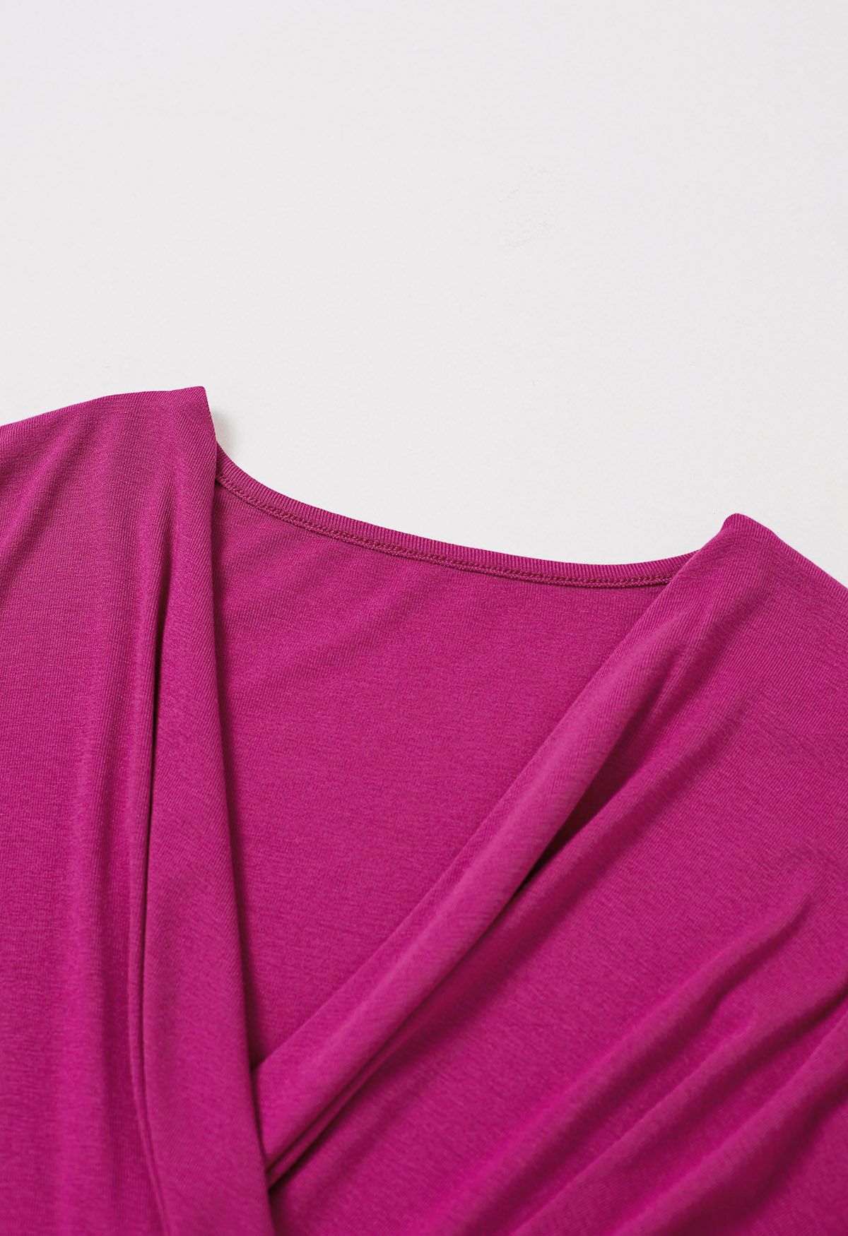 V-Neck Faux-Wrap Long Sleeve Top in Magenta