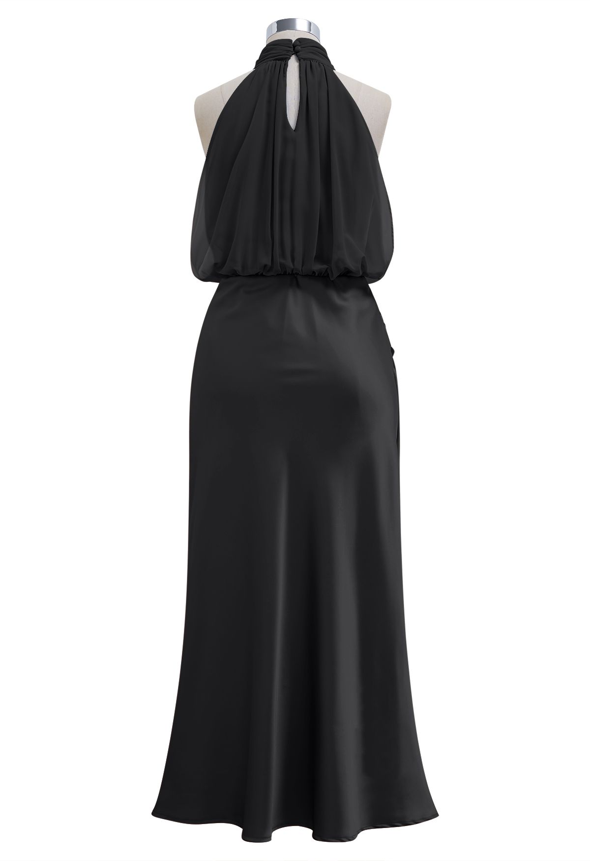 Graceful Halter Neck Chiffon Spliced Satin Dress in Black