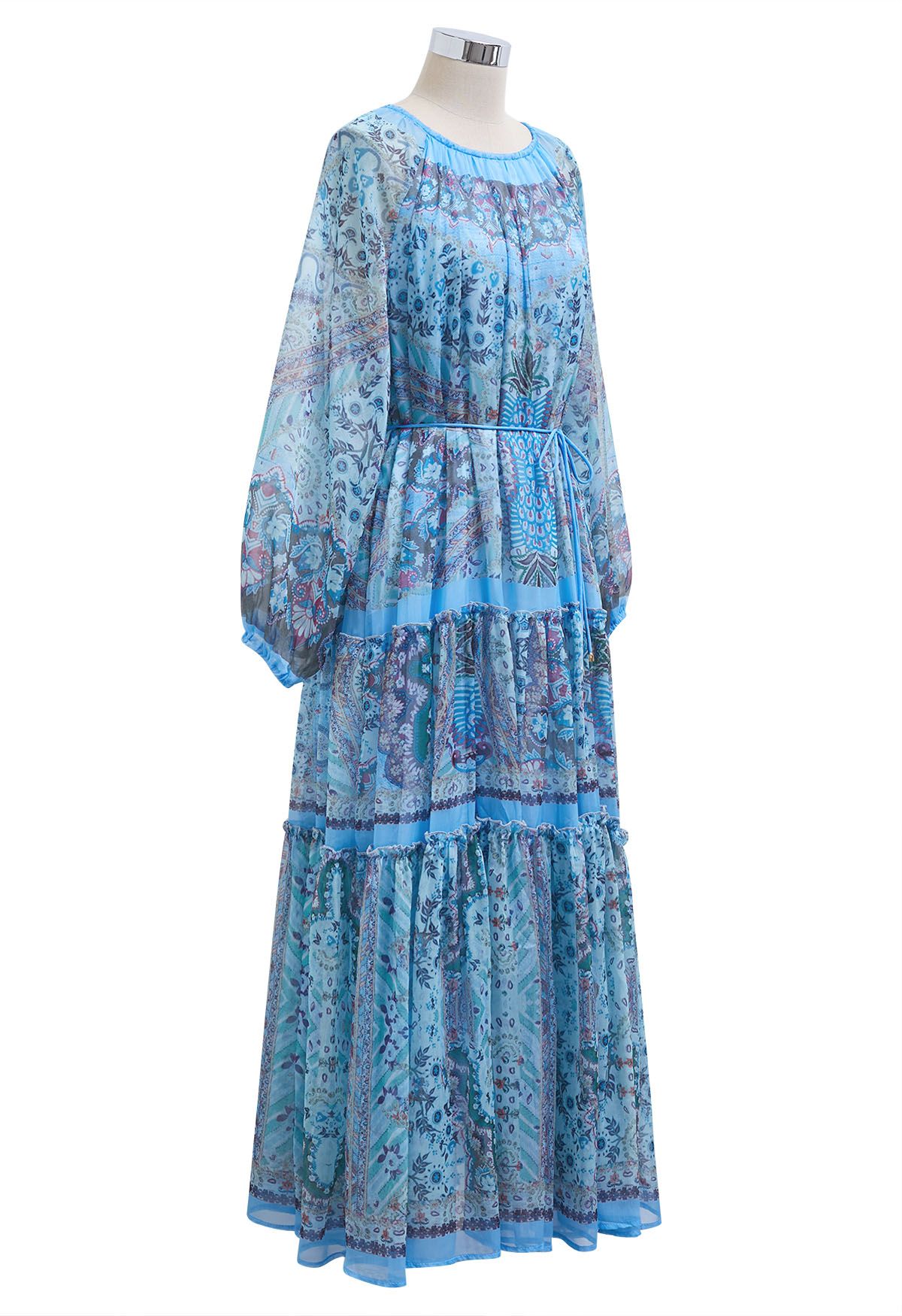 Mystic Garden Bubble Sleeve Ruffle Maxi Dress in Blue