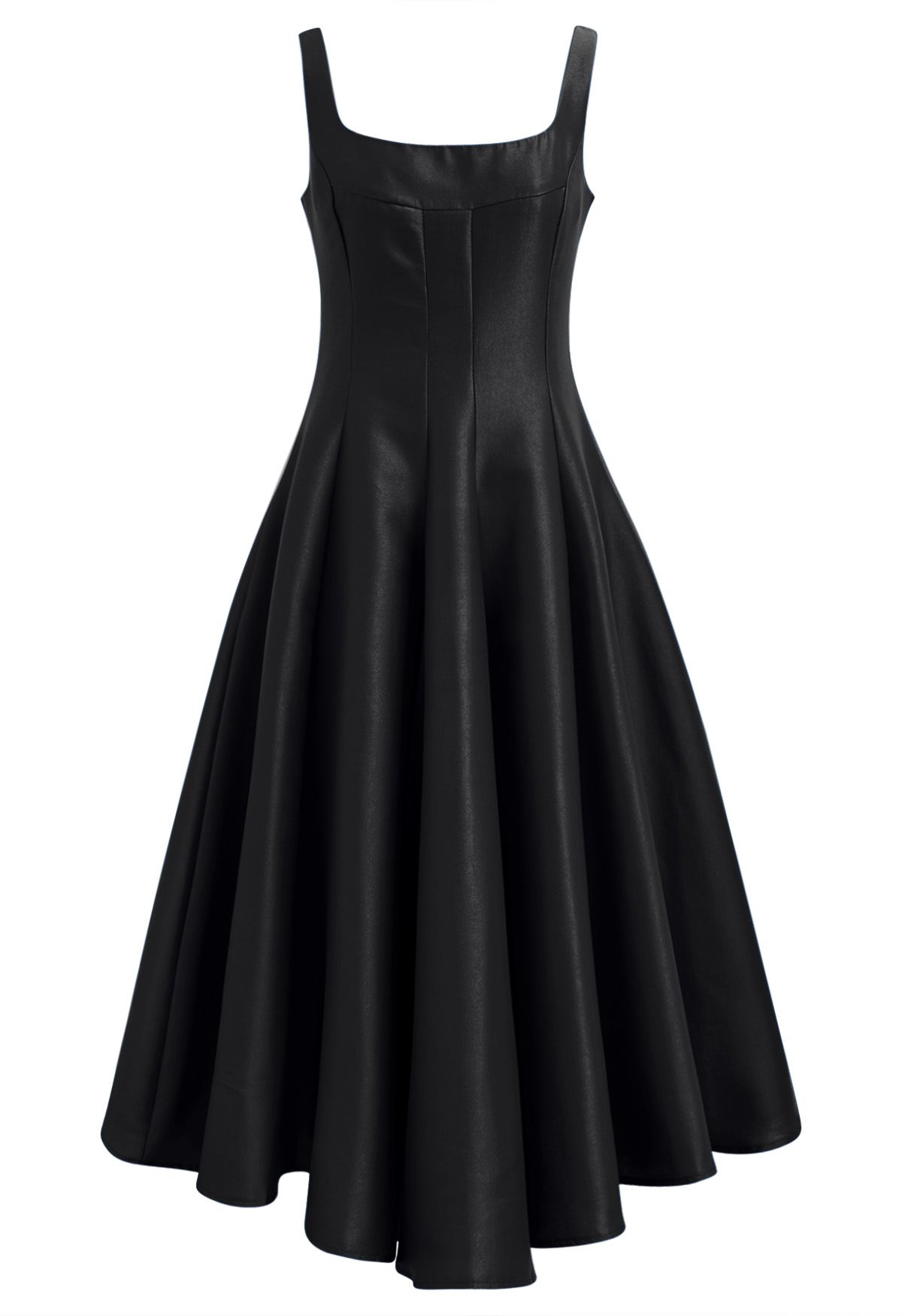 Polished Satin Flared Hem Cami Dress in Black