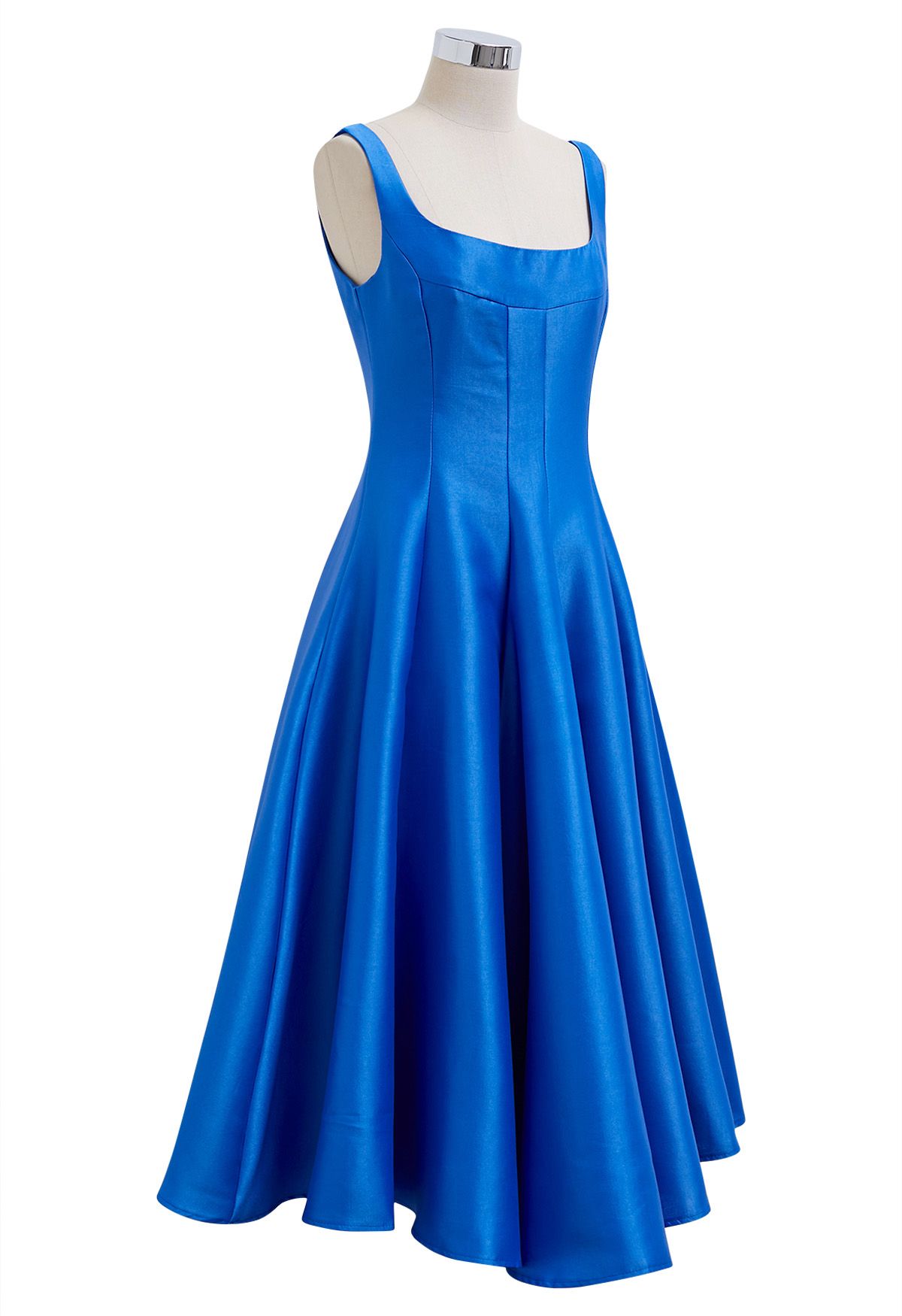 Polished Satin Flared Hem Cami Dress in Royal Blue