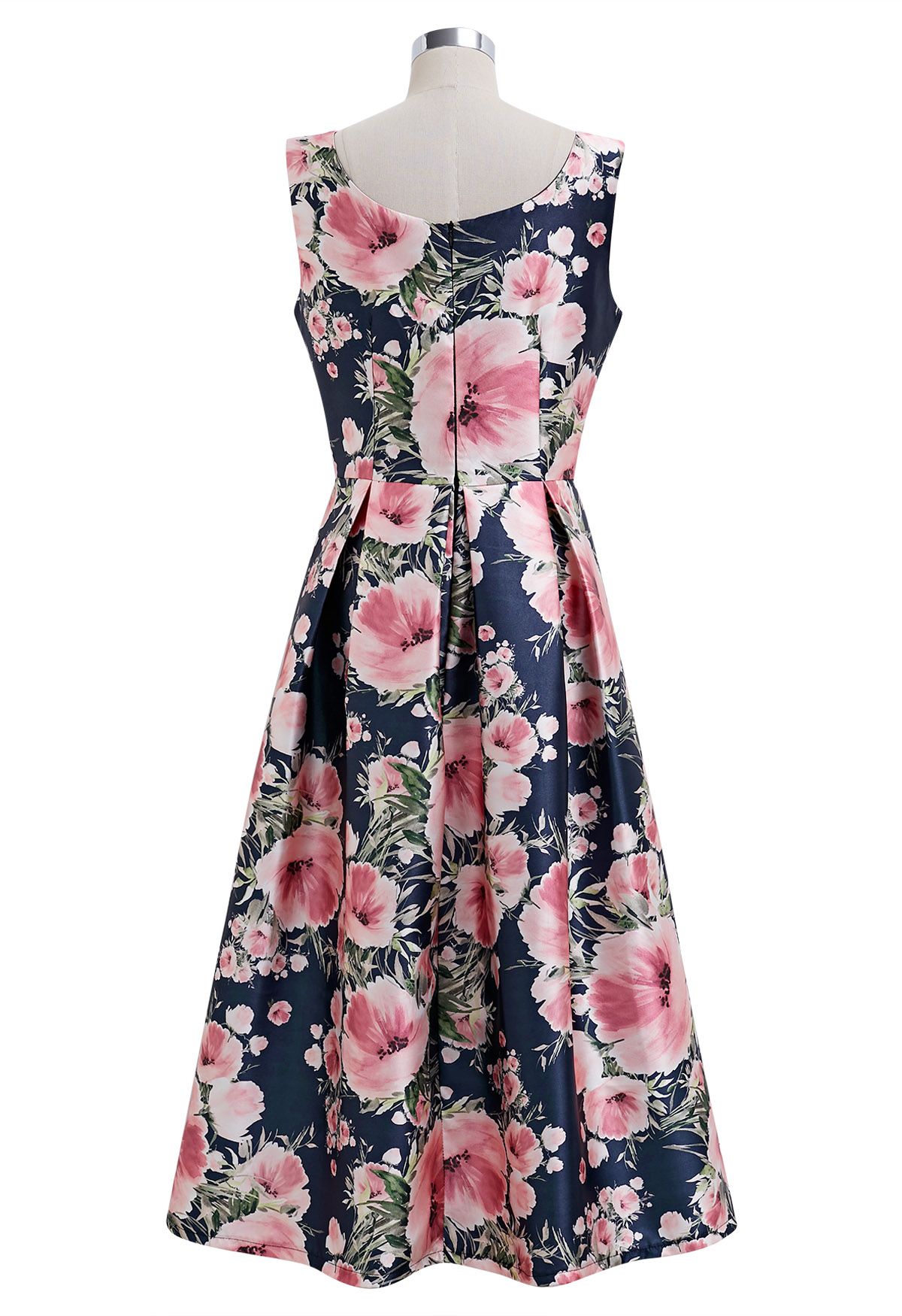 Graceful Blossom Sleeveless Midi Dress in Navy