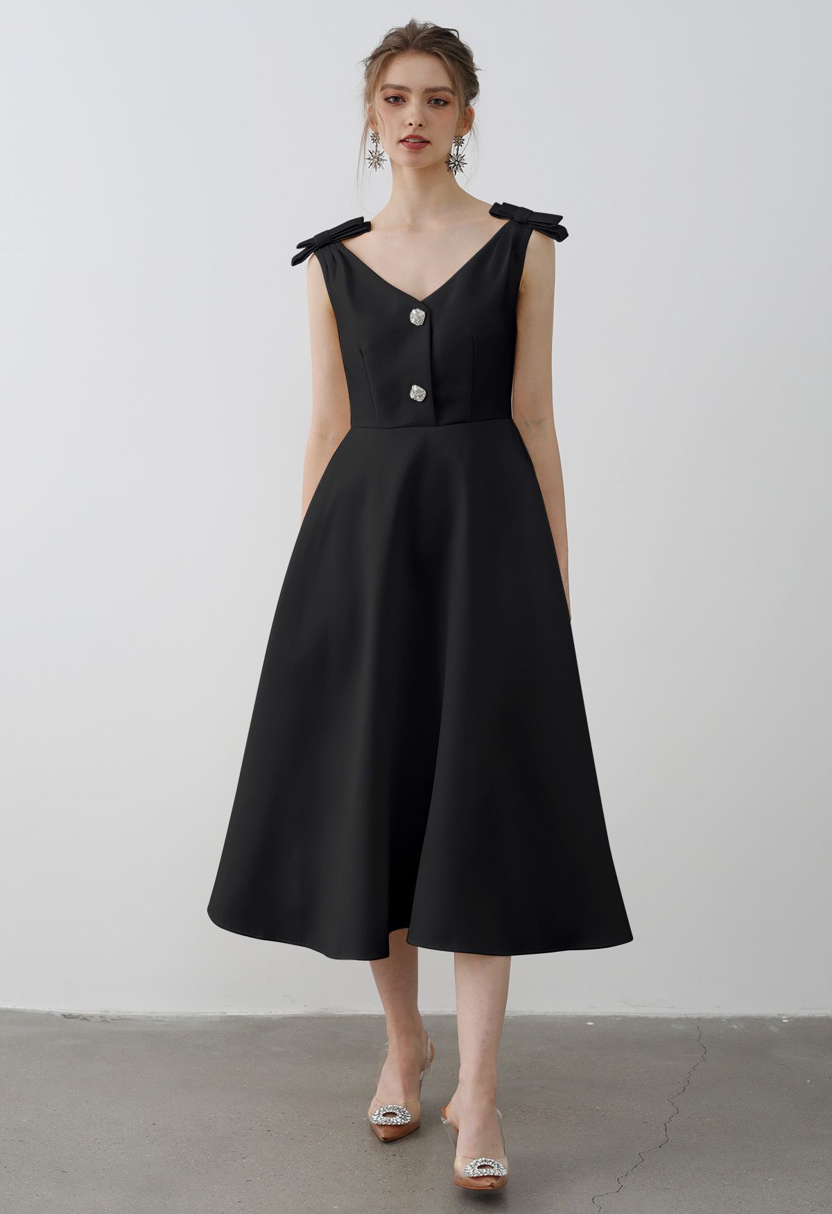 Bow Shoulder Zircon Button Midi Dress in Black