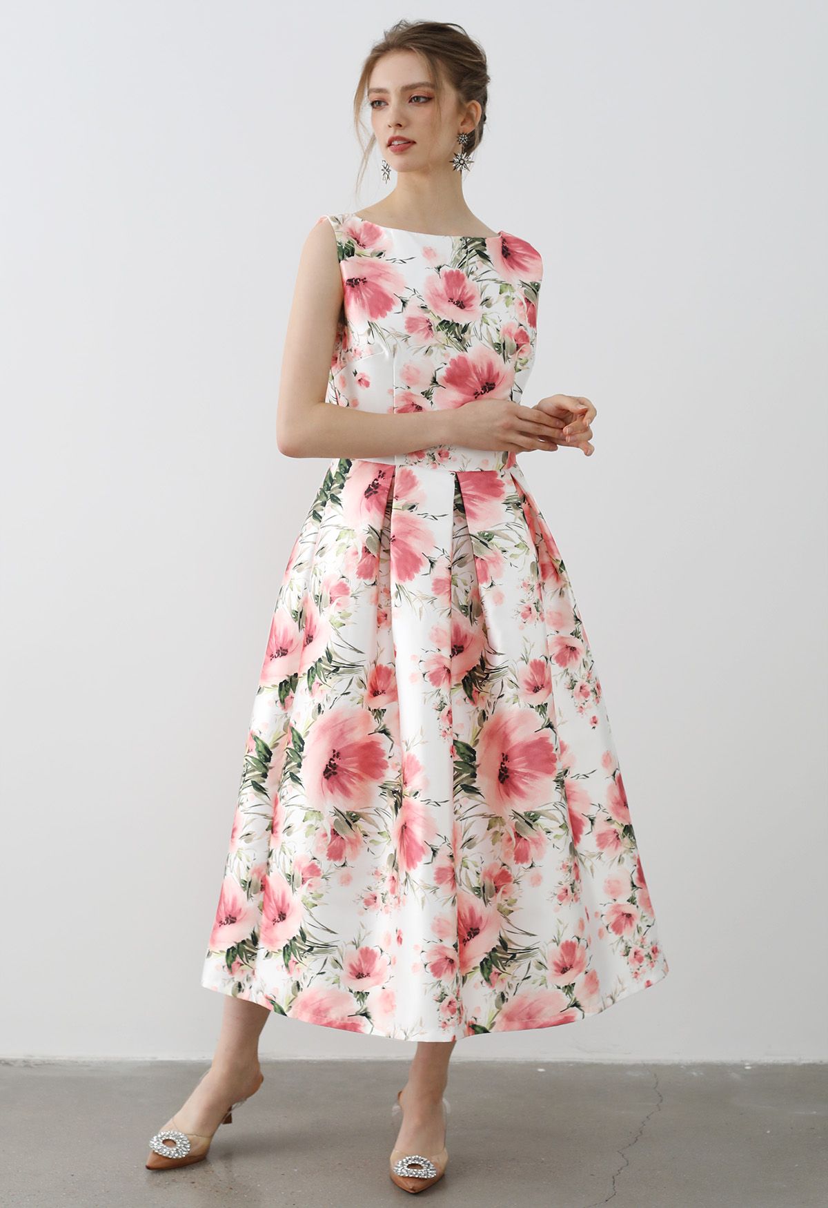 Graceful Blossom Sleeveless Midi Dress in White