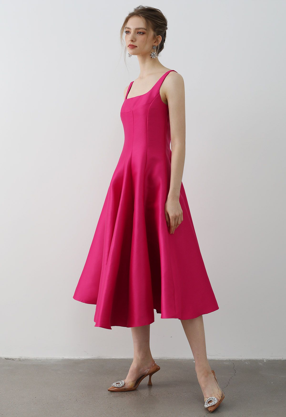 Polished Satin Flared Hem Cami Dress in Magenta