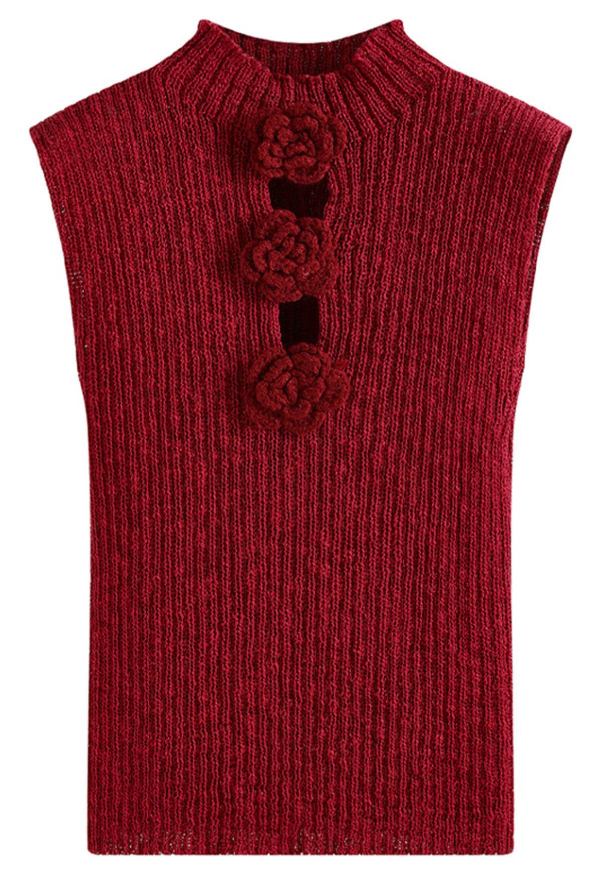 3D Crochet Flower Sleeveless Knit Top in Red