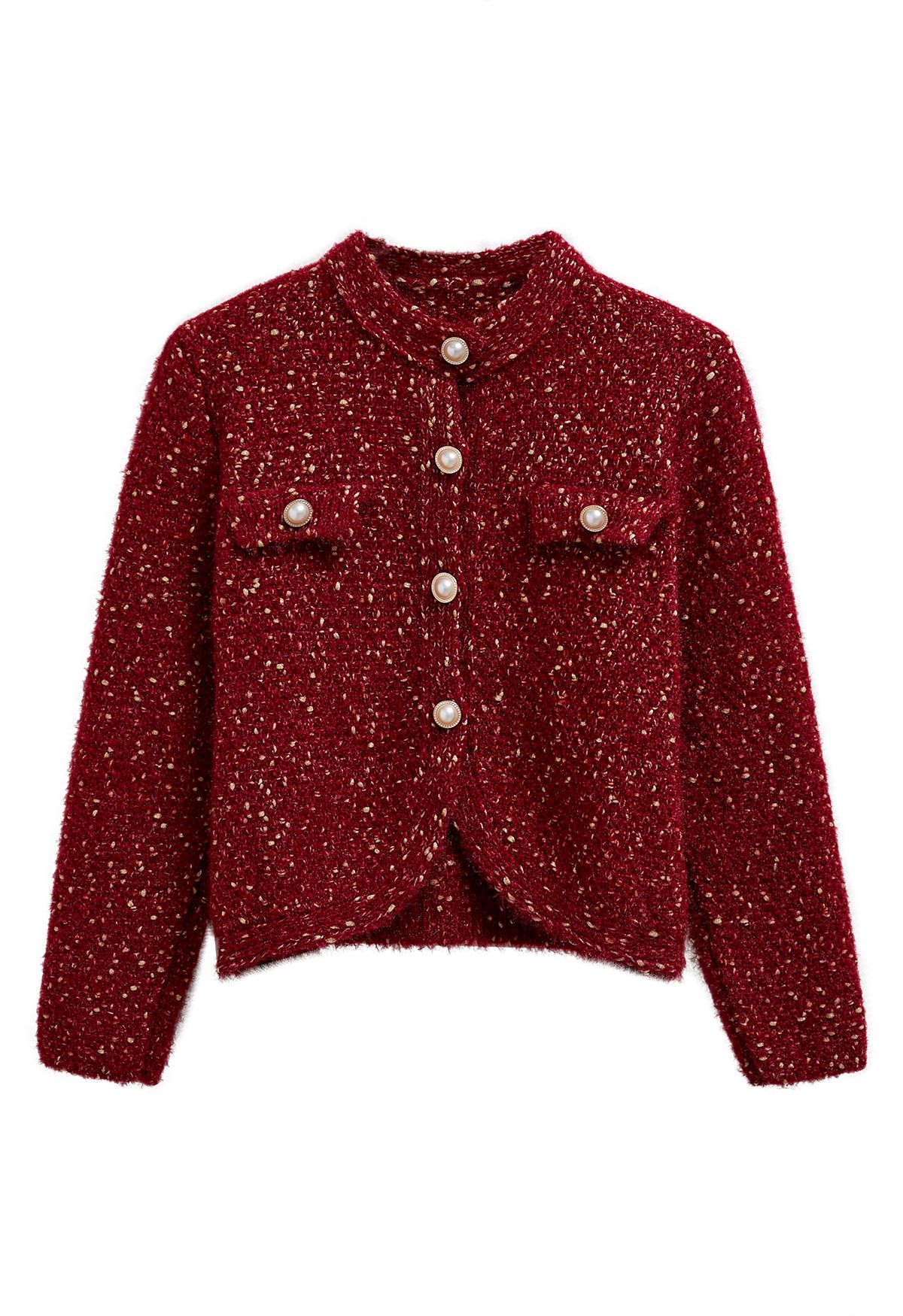 Fuzzy Mix-Knit Button Down Cardigan in Red