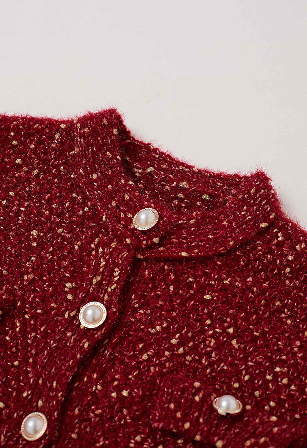 Fuzzy Mix-Knit Button Down Cardigan in Red