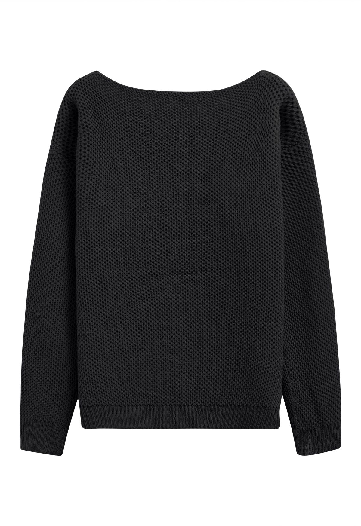 Buttons Decorated Pocket Waffle Knit Sweater in Black