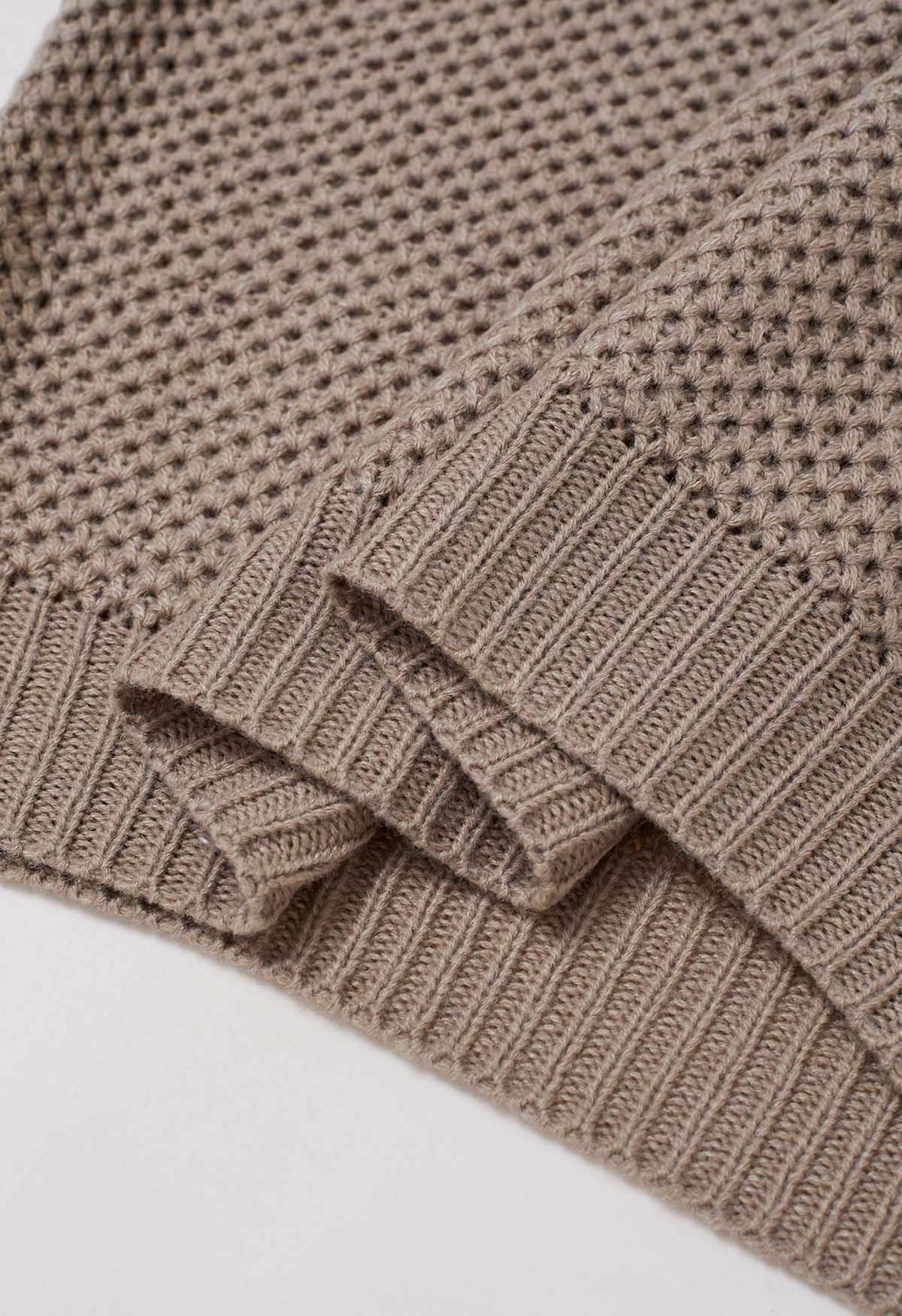 Buttons Decorated Pocket Waffle Knit Sweater in Khaki