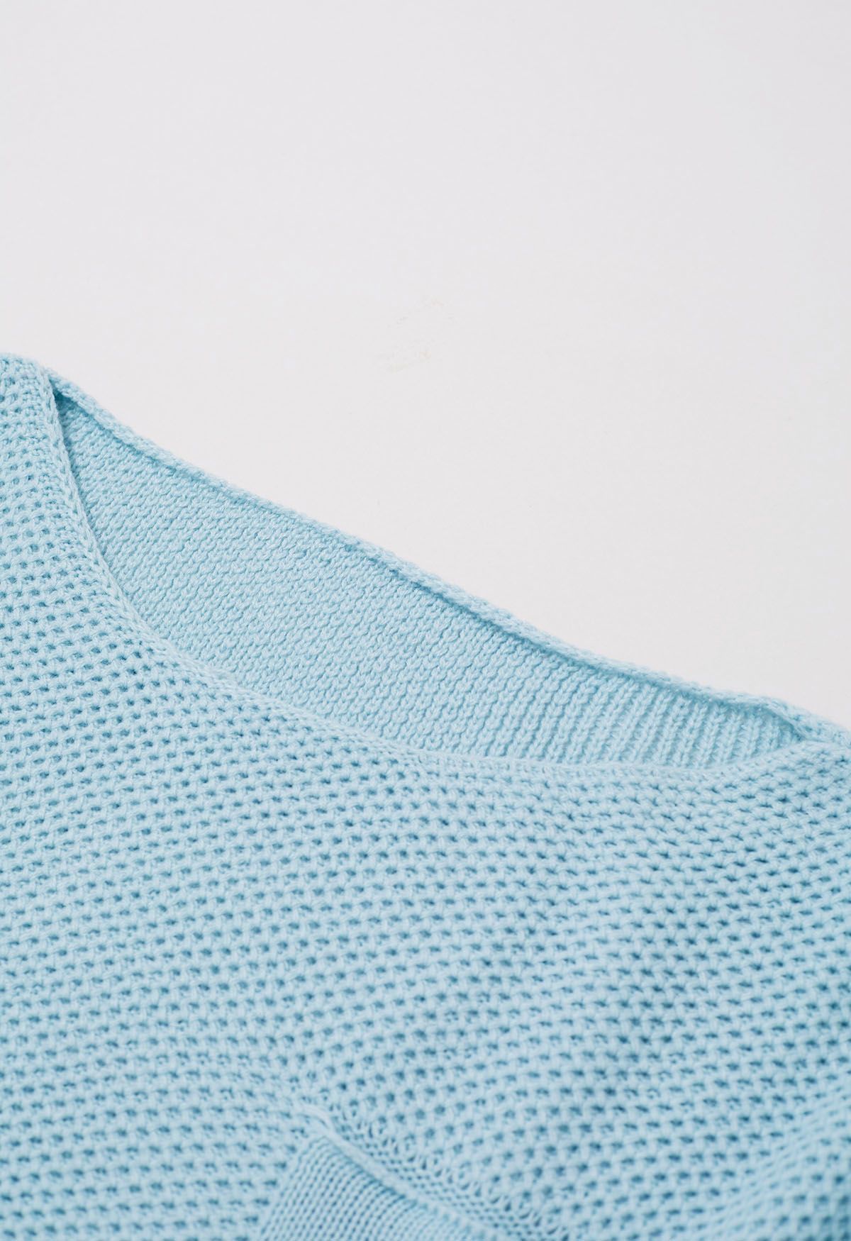 Buttons Decorated Pocket Waffle Knit Sweater in Baby Blue