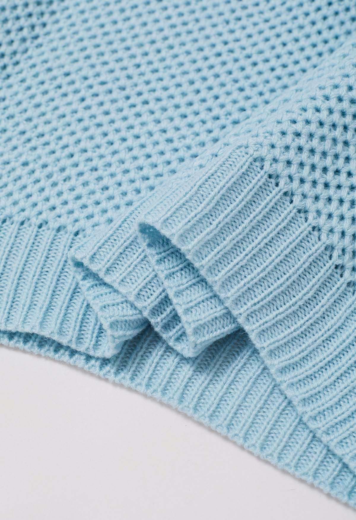 Buttons Decorated Pocket Waffle Knit Sweater in Baby Blue